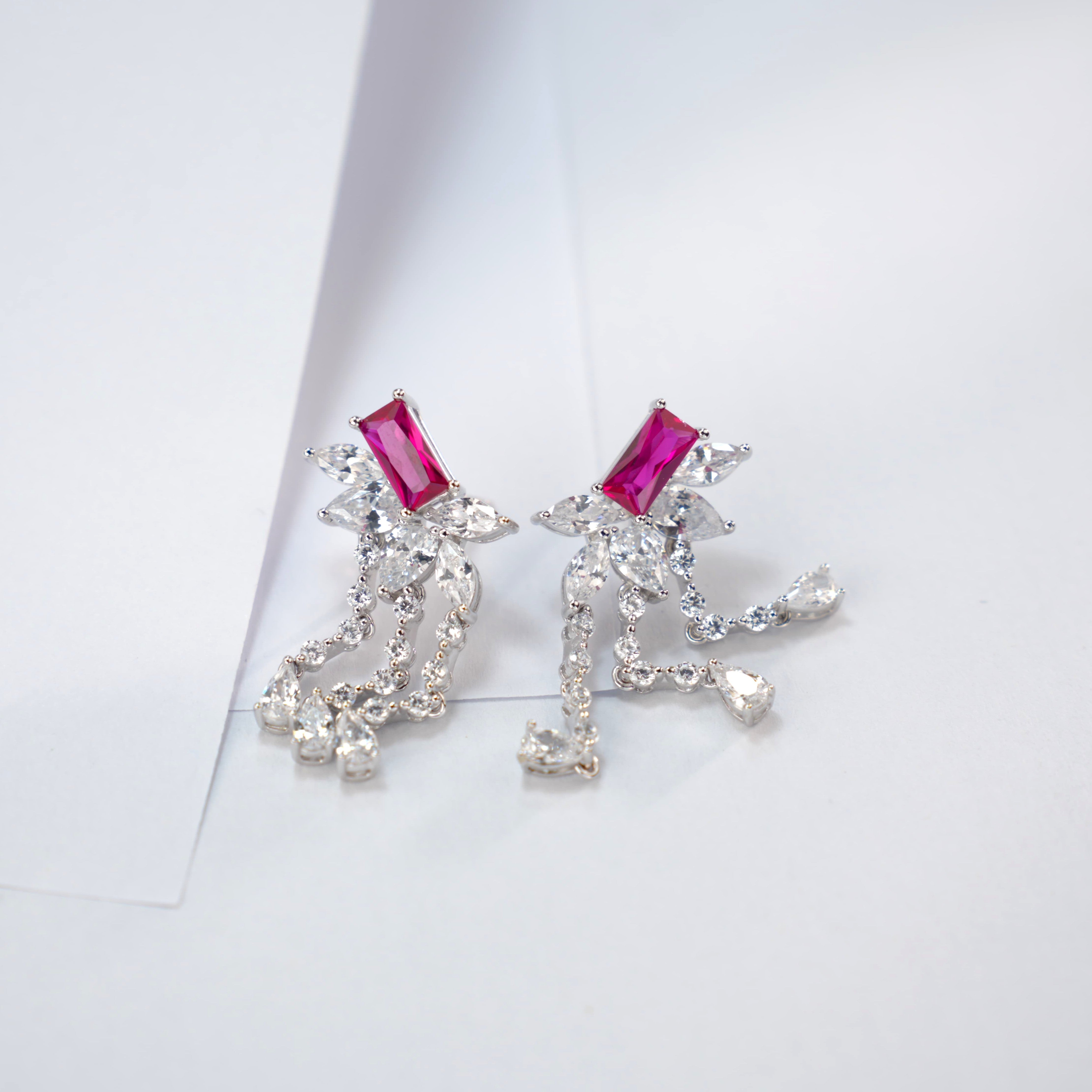 Lab-Grown Emerald - Emerald Rectangle Diamond Plume Tassel Earrings