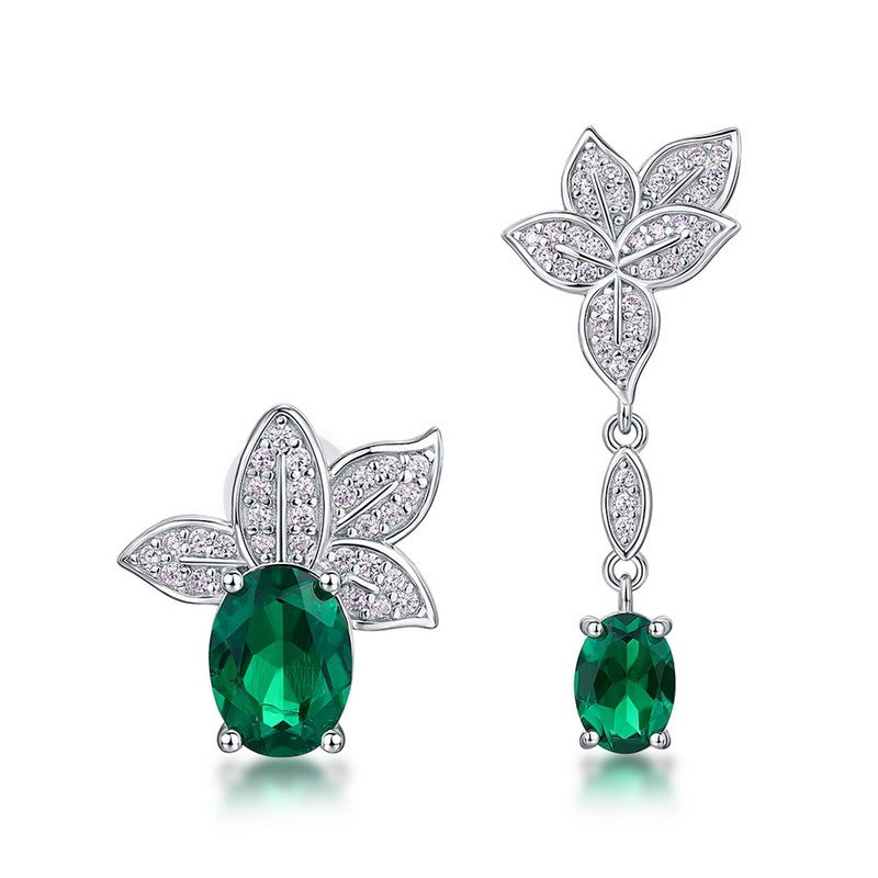 Lab-Grown Emerald - Oval Emerald Diamond Leaf Asymmetrical Earrings