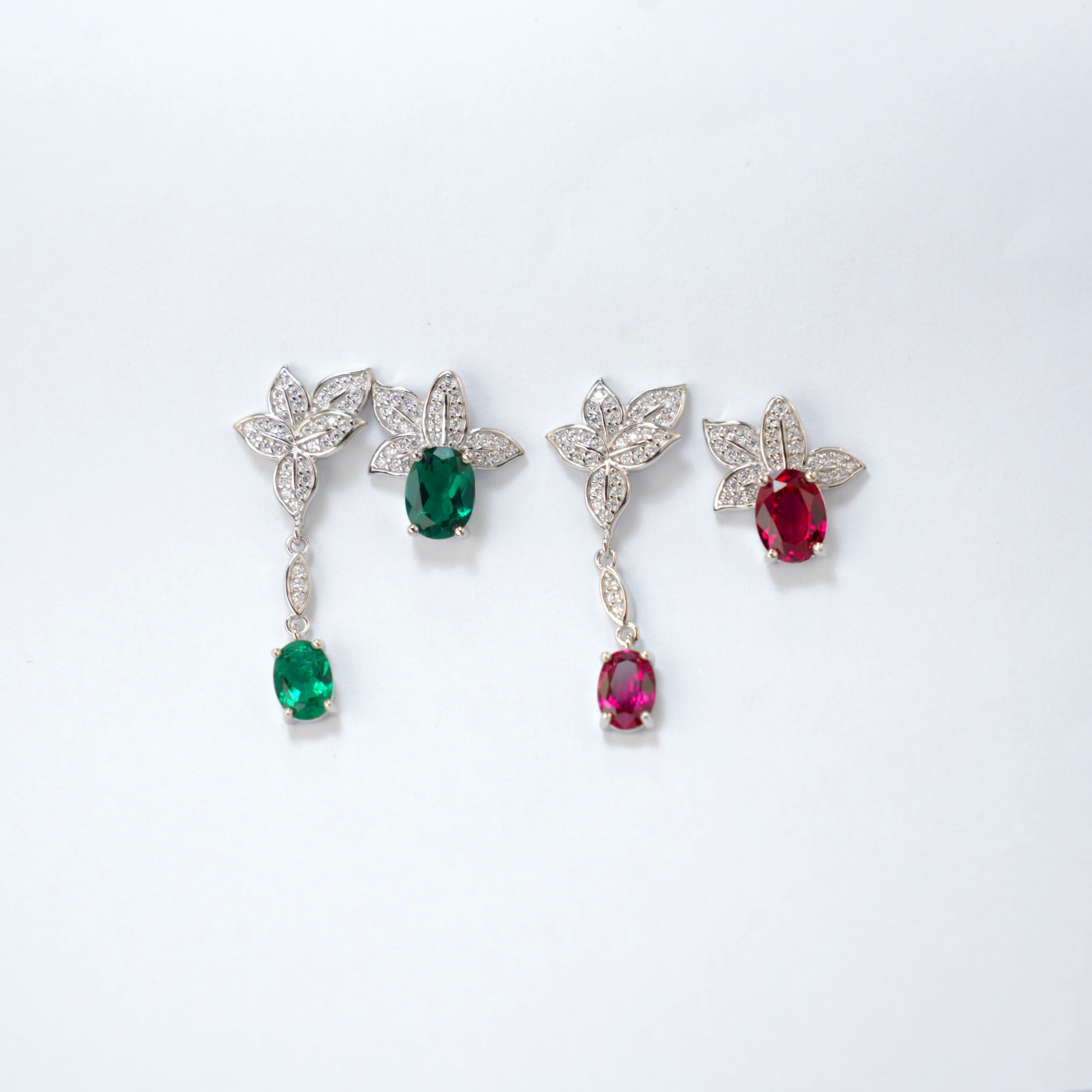 Lab-Grown Emerald - Oval Emerald Diamond Leaf Asymmetrical Earrings