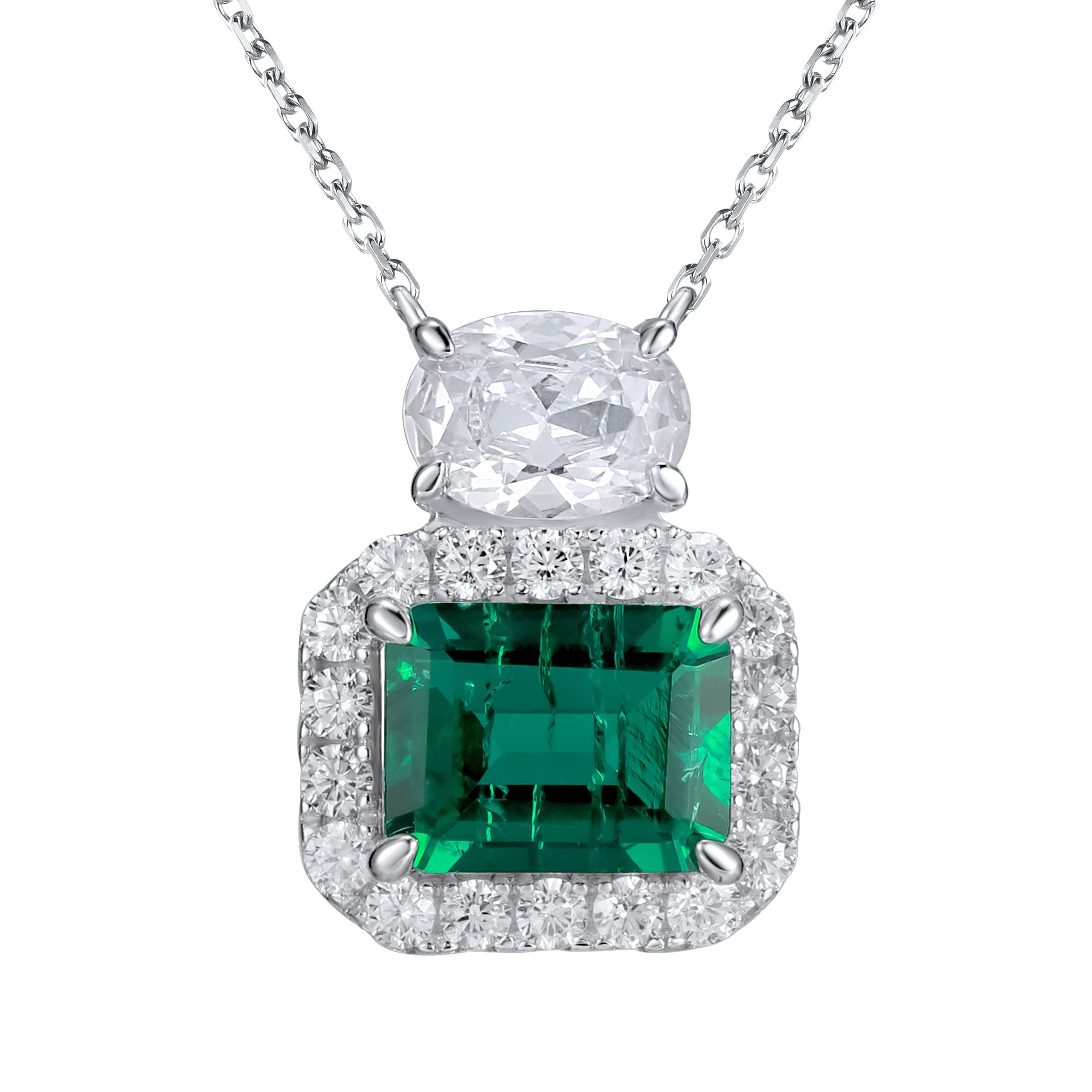 Lab-Grown Emerald - Square Emerald Diamond Halo Twin Crystal Pendant
