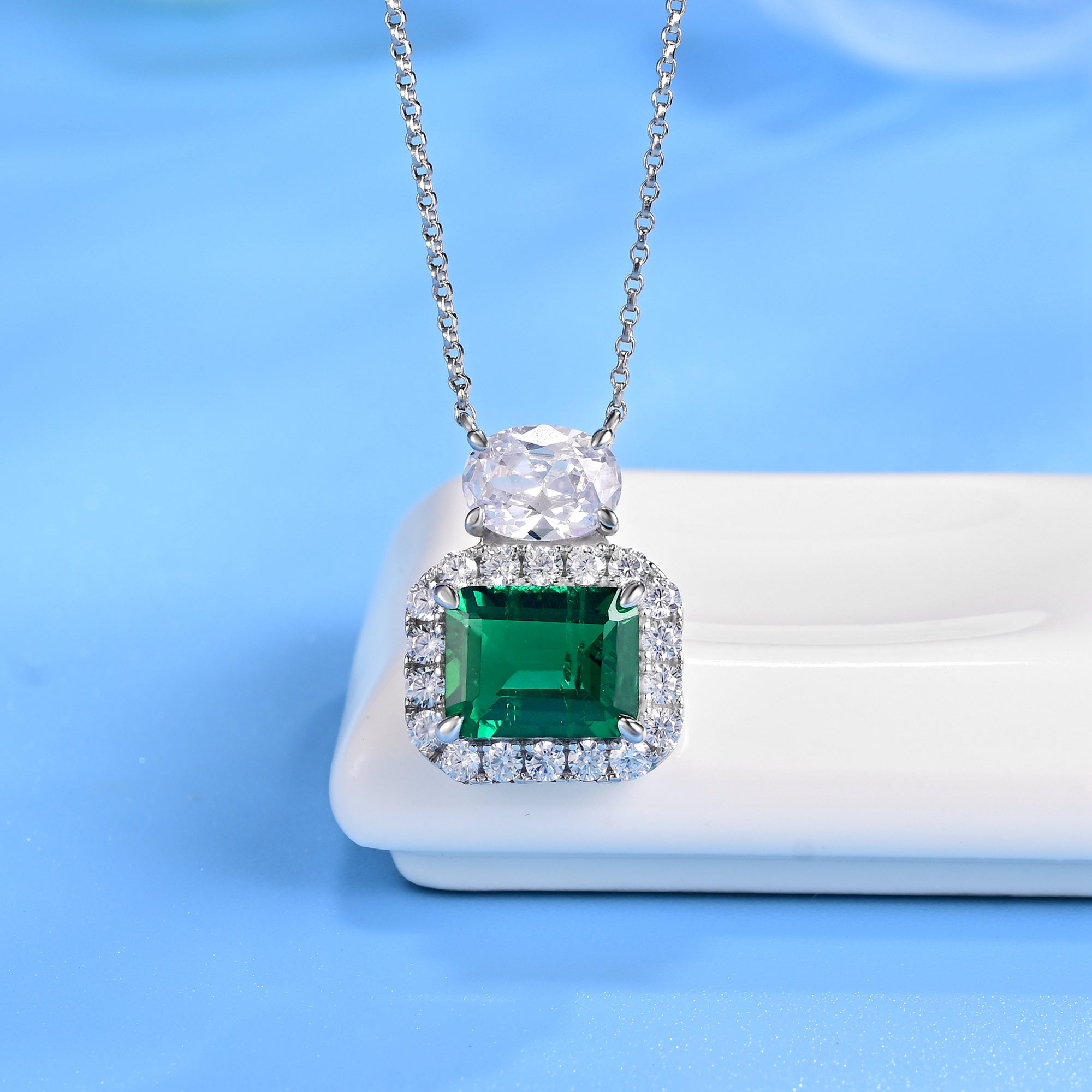 Lab-Grown Emerald - Square Emerald Diamond Halo Twin Crystal Pendant