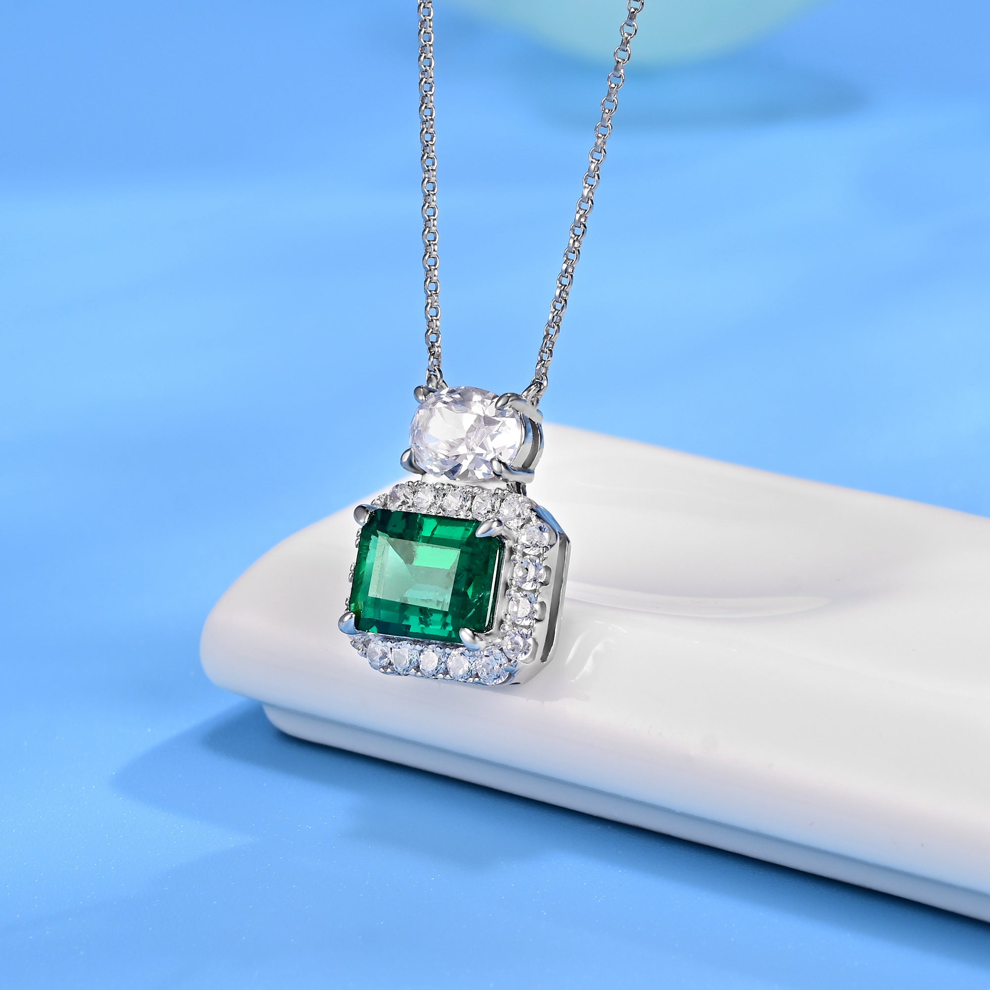 Lab-Grown Emerald - Square Emerald Diamond Halo Twin Crystal Pendant