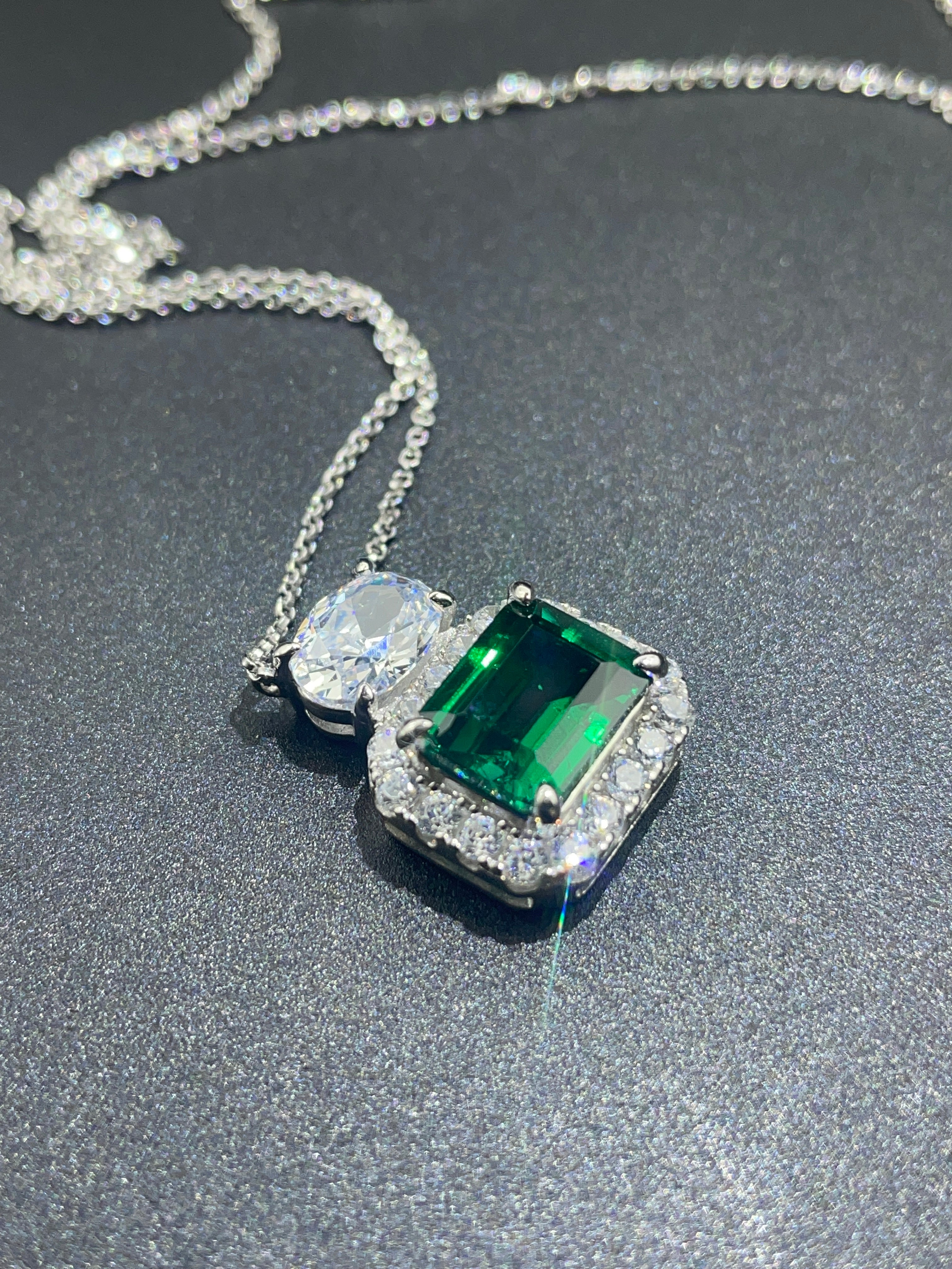 Lab-Grown Emerald - Square Emerald Diamond Halo Twin Crystal Pendant