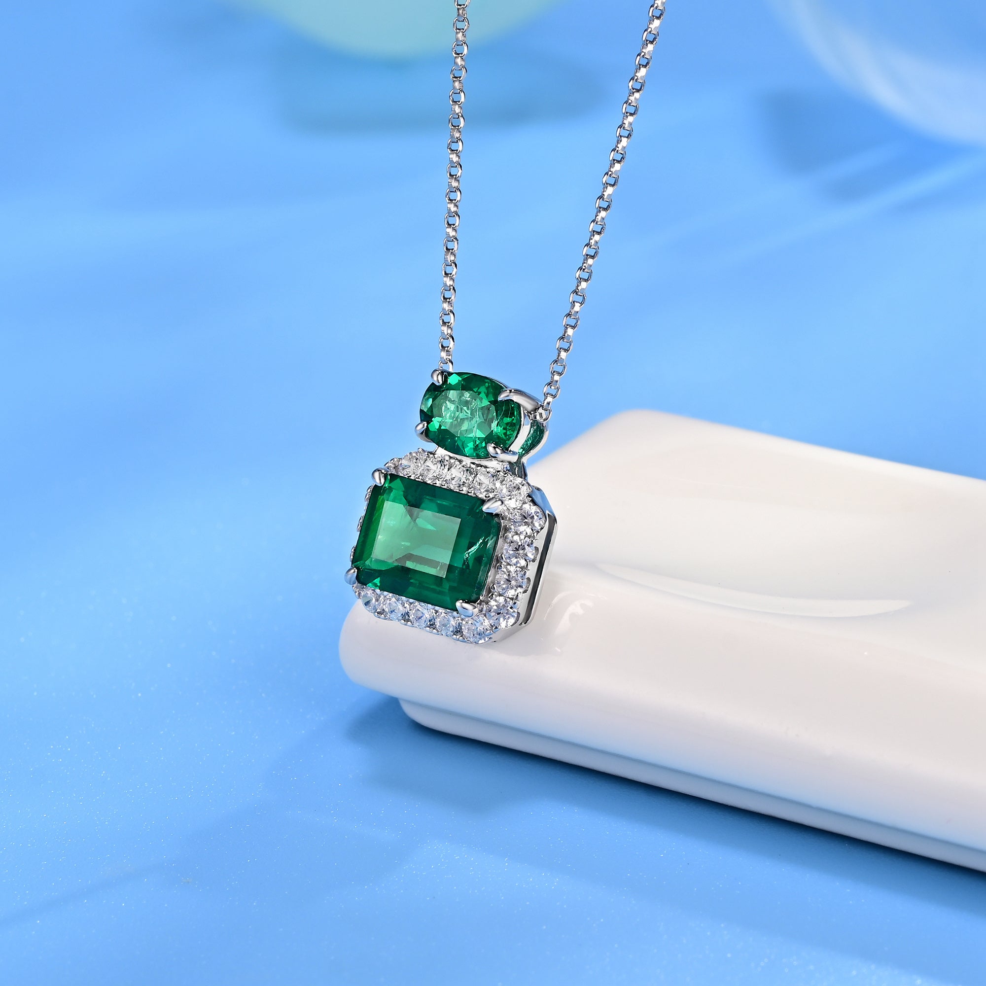 Lab-Grown Emerald - Square Emerald Diamond Halo Twin Crystal Pendant