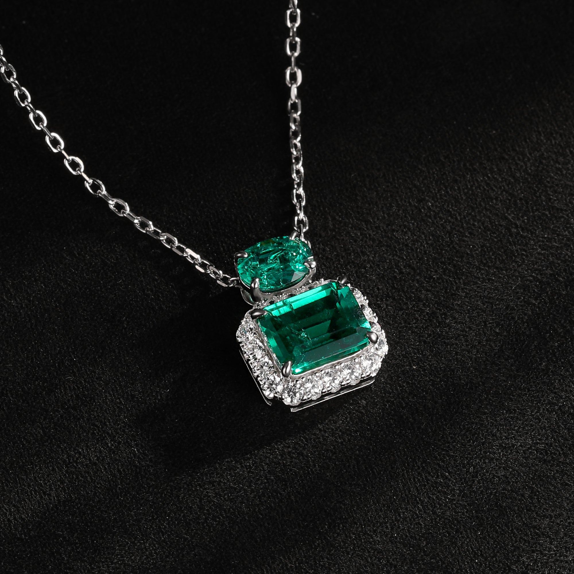 Lab-Grown Emerald - Square Emerald Diamond Halo Twin Crystal Pendant