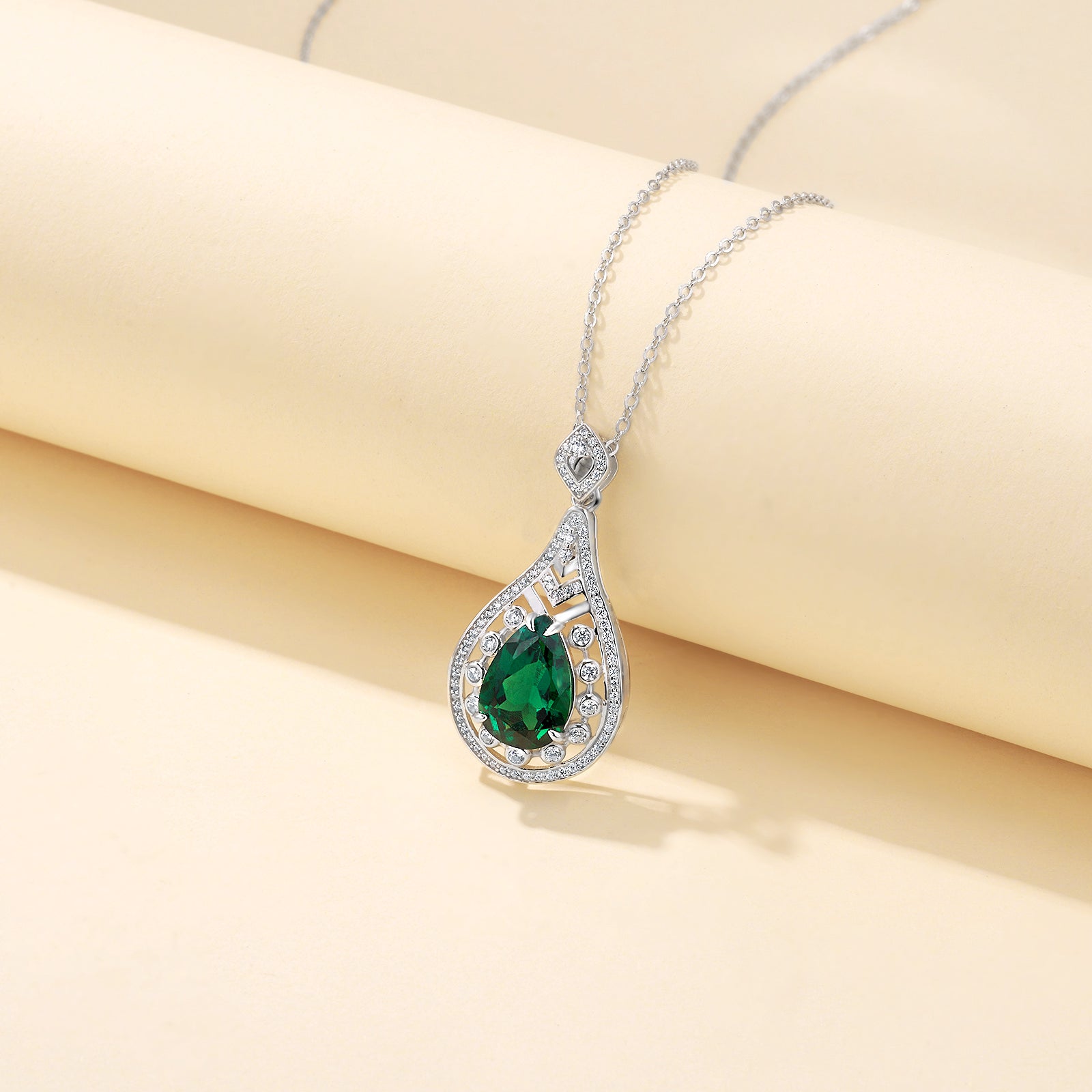 Lab-Grown Emerald - Dewy Emerald Diamond Heart Feather Charm Pendant