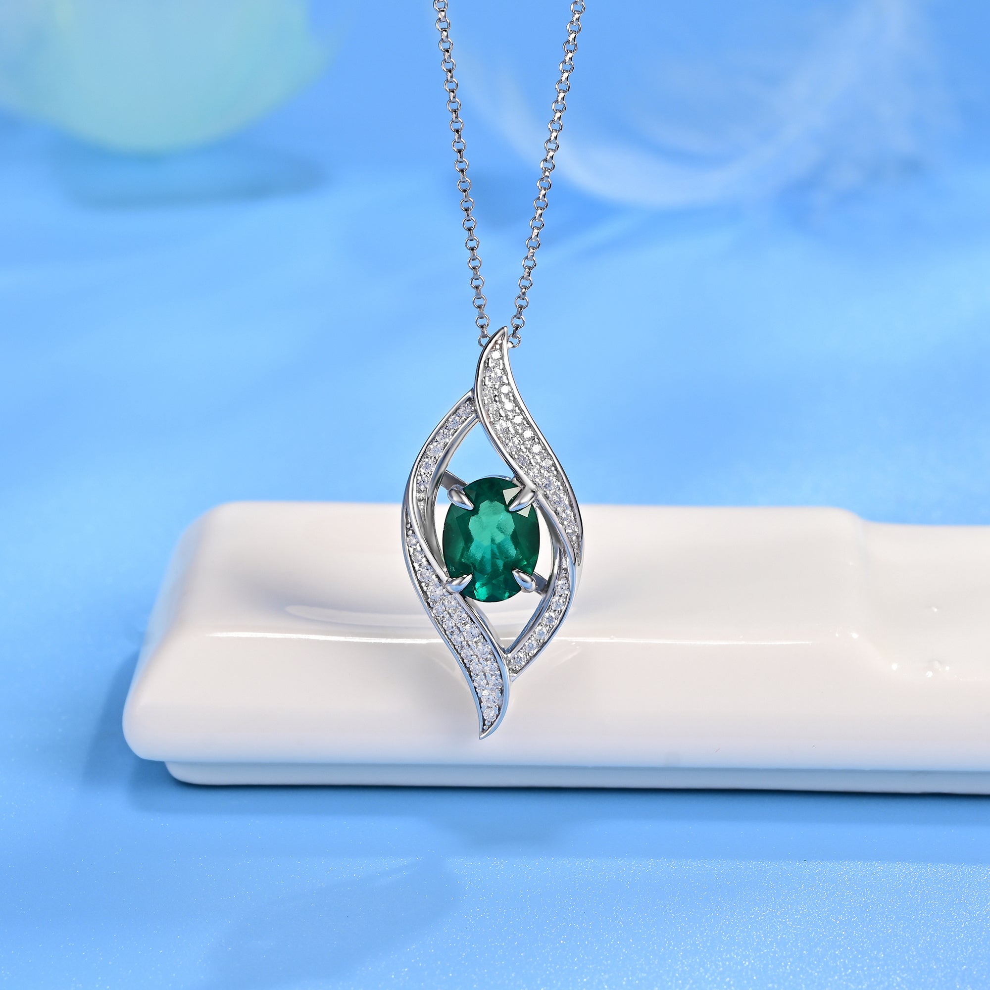 Lab-Grown Emerald - Oval Emerald Diamond Entwined Flowing Charm Pendant