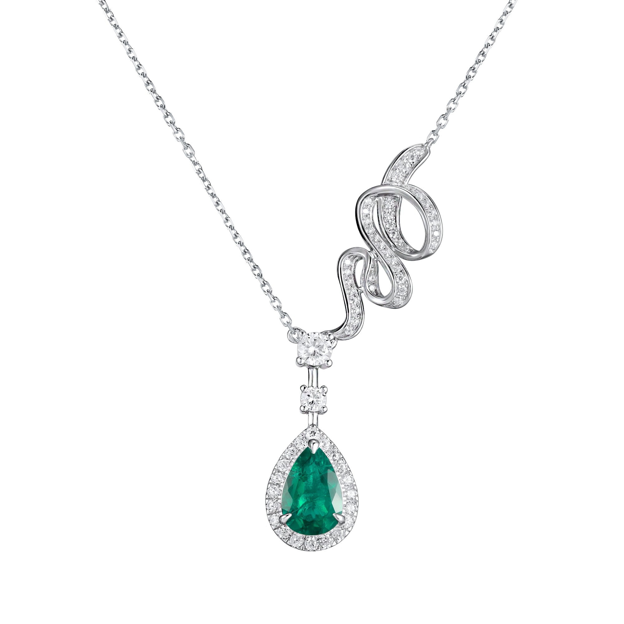 Lab-Grown Emerald - Dewy Emerald Diamond Swirled Entwined Graceful Charm Pendant