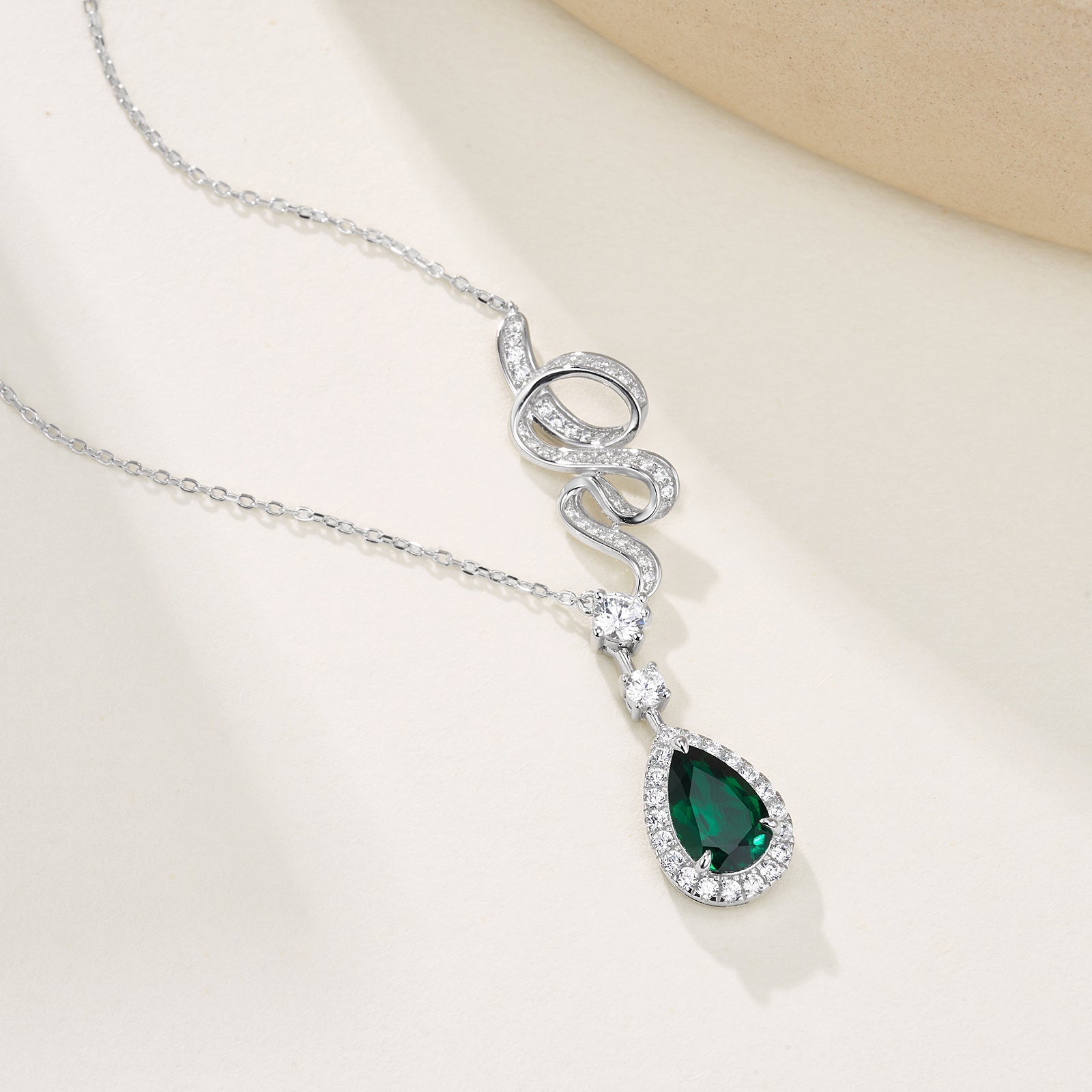 Lab-Grown Emerald - Dewy Emerald Diamond Swirled Entwined Graceful Charm Pendant