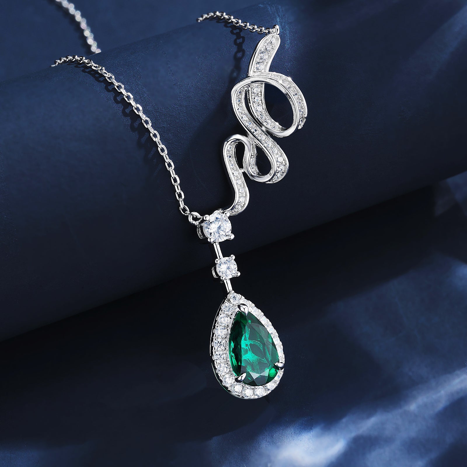 Lab-Grown Emerald - Dewy Emerald Diamond Swirled Entwined Graceful Charm Pendant