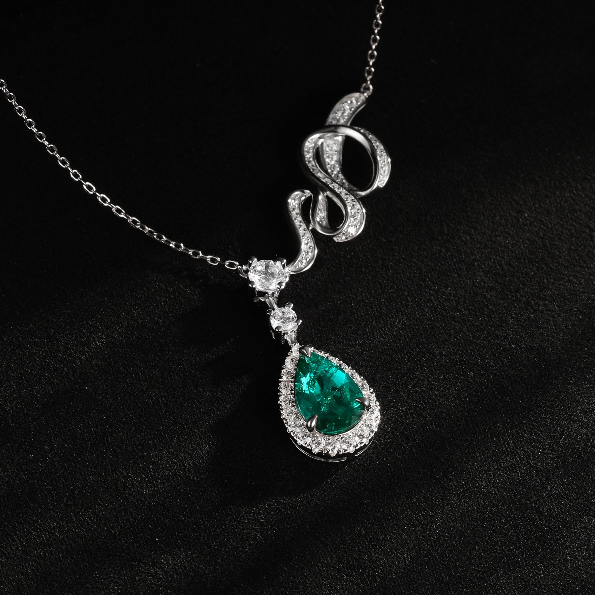 Lab-Grown Emerald - Dewy Emerald Diamond Swirled Entwined Graceful Charm Pendant