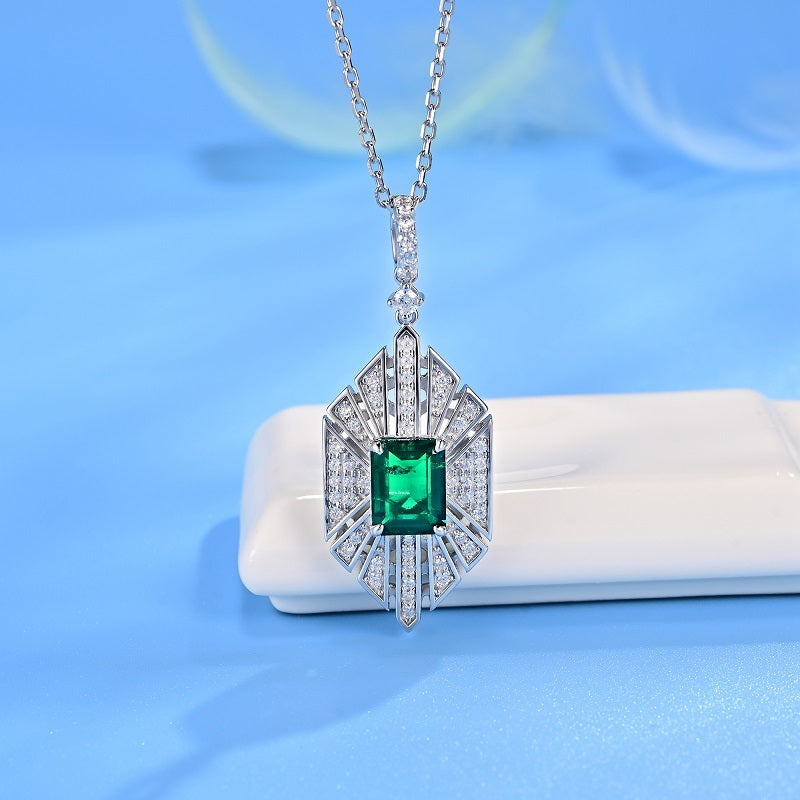 Lab-Grown Emerald - Square Emerald Diamond Wing Starburst Pendant