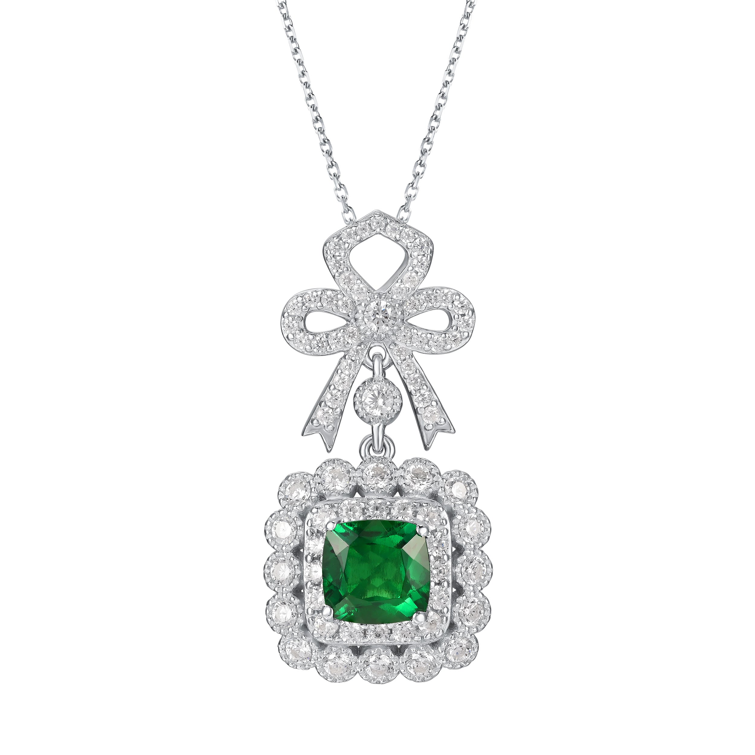 Lab-Grown Emerald - Square Emerald Diamond Knot Flower Cluster Pendant