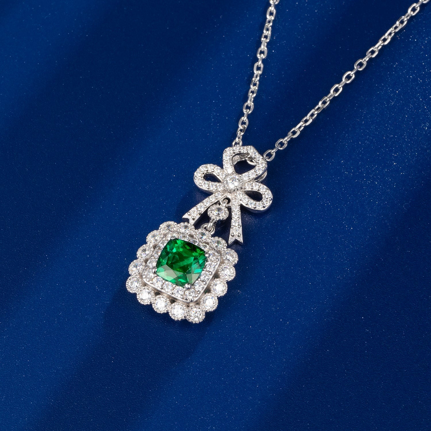 Lab-Grown Emerald - Square Emerald Diamond Knot Flower Cluster Pendant