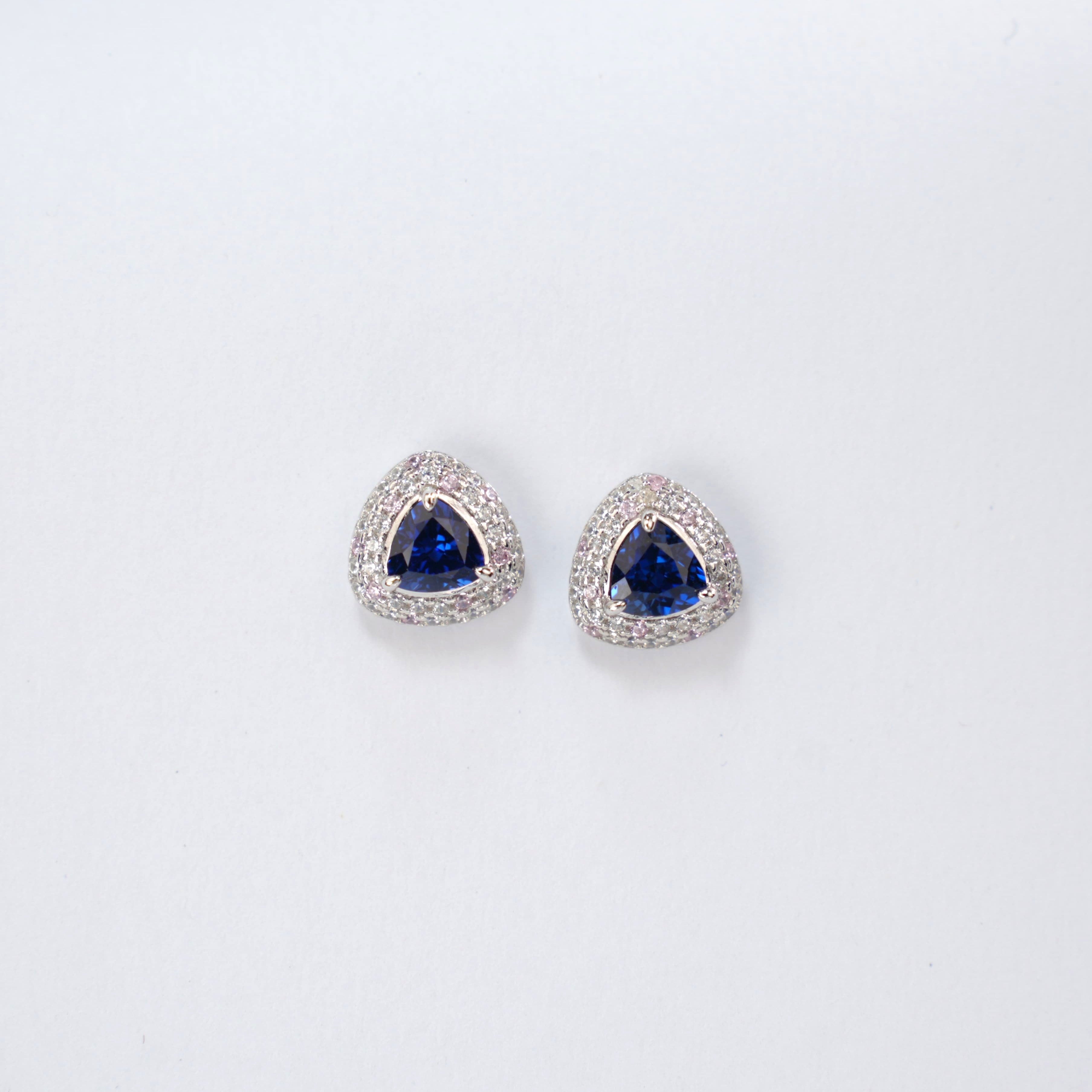 Lab-Grown Sapphire - Trillion Indigo Sapphire Diamond Pink Pavé Stud Earrings