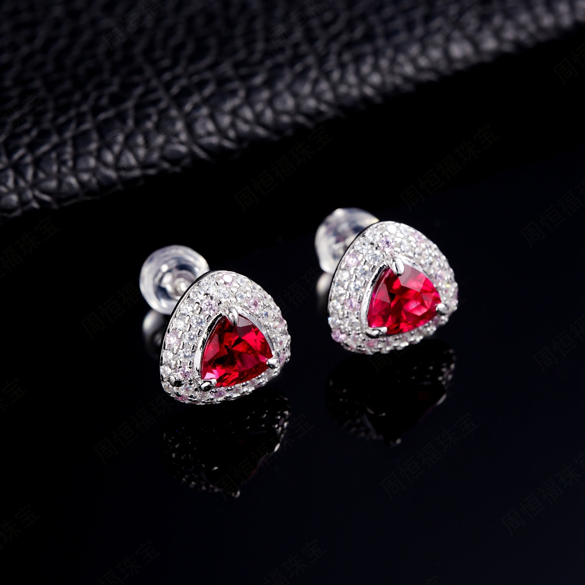 Lab-Grown Sapphire - Trillion Indigo Sapphire Diamond Pink Pavé Stud Earrings