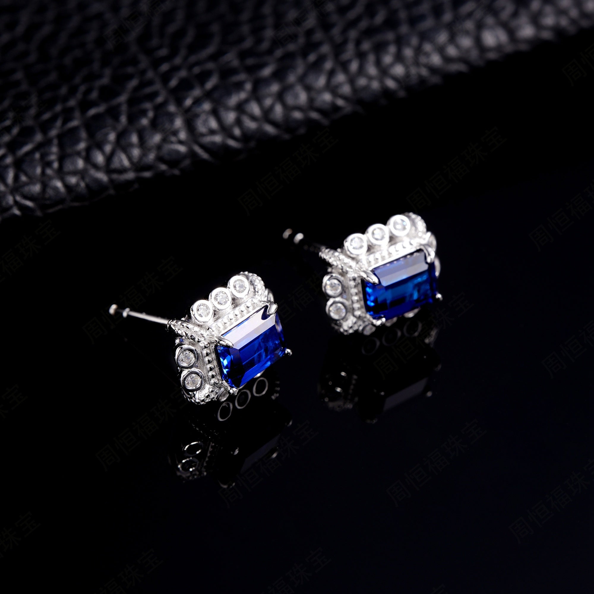Lab-Grown Sapphire - Square Indigo Sapphire Diamond Cluster Radiance Stud Earrings