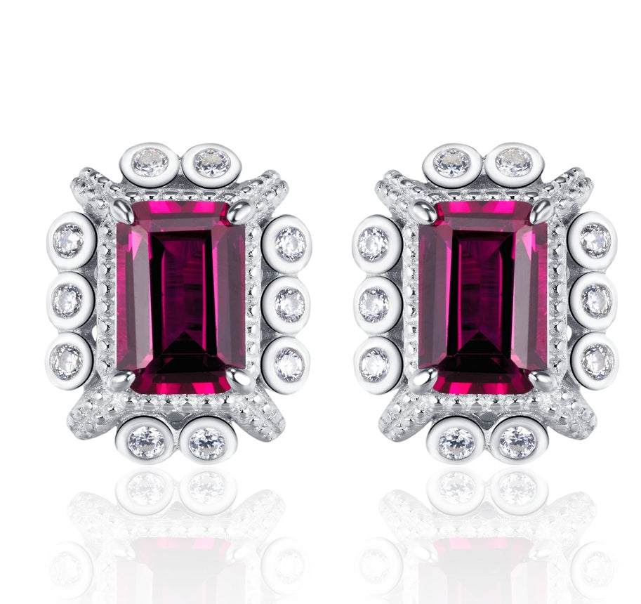 Lab-Grown Sapphire - Square Indigo Sapphire Diamond Cluster Radiance Stud Earrings