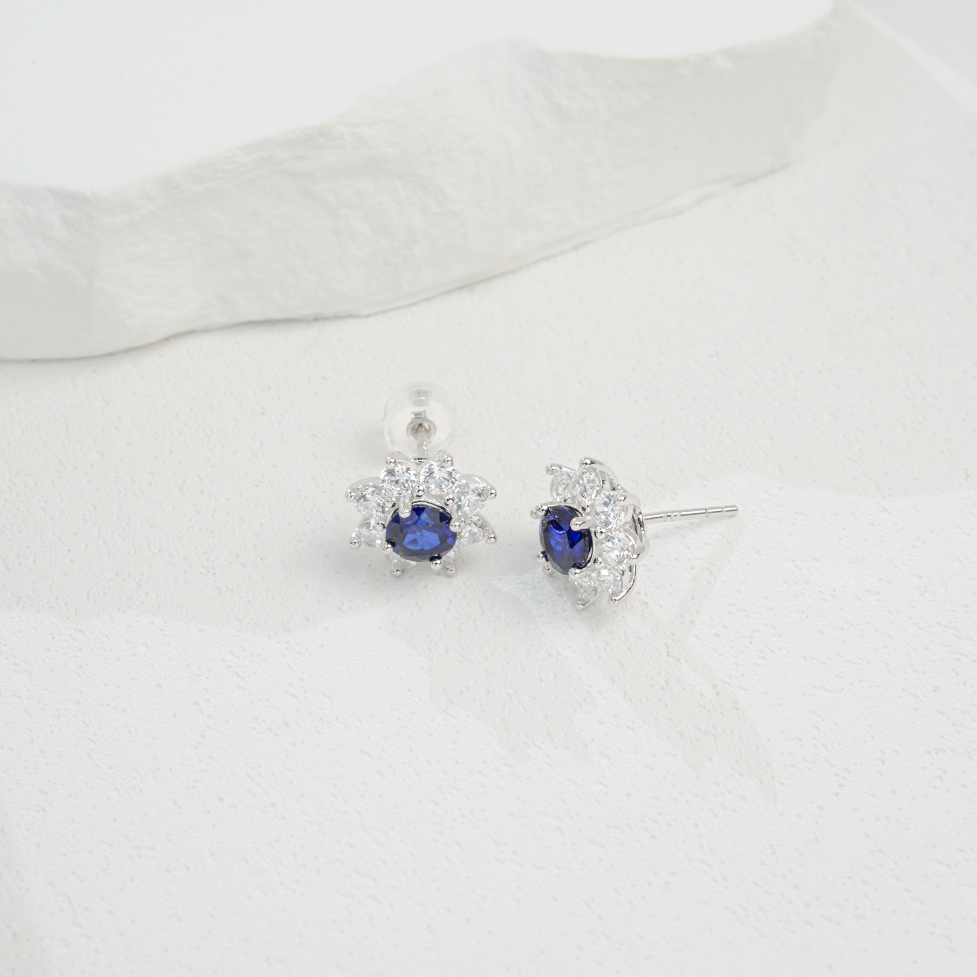 Lab-Grown Sapphire - Round Indigo Sapphire Diamond Flower Cluster Stud Earrings