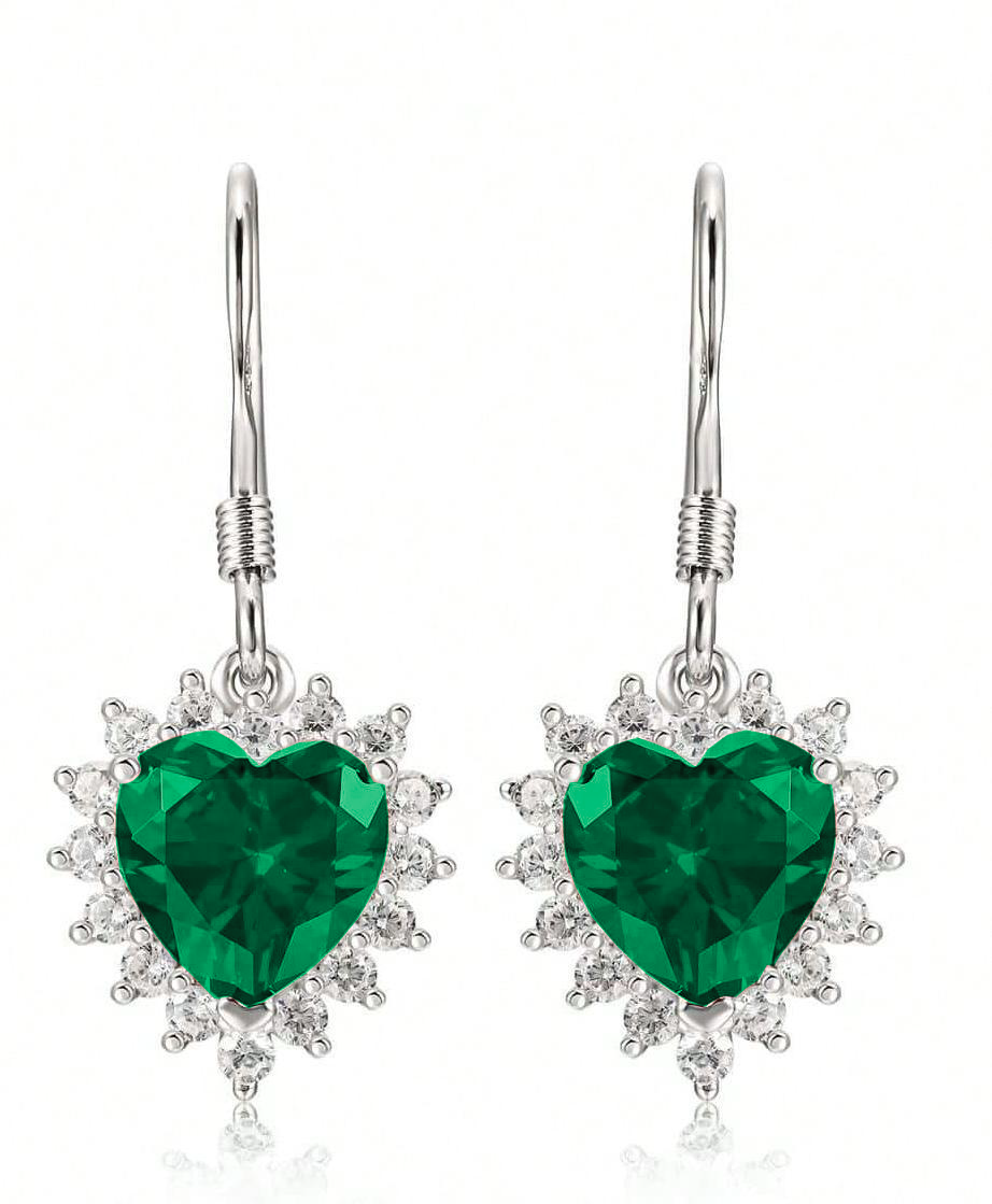 Lab-Grown Emerald - Heart Emerald Diamond Starry Glow Dangle Earrings