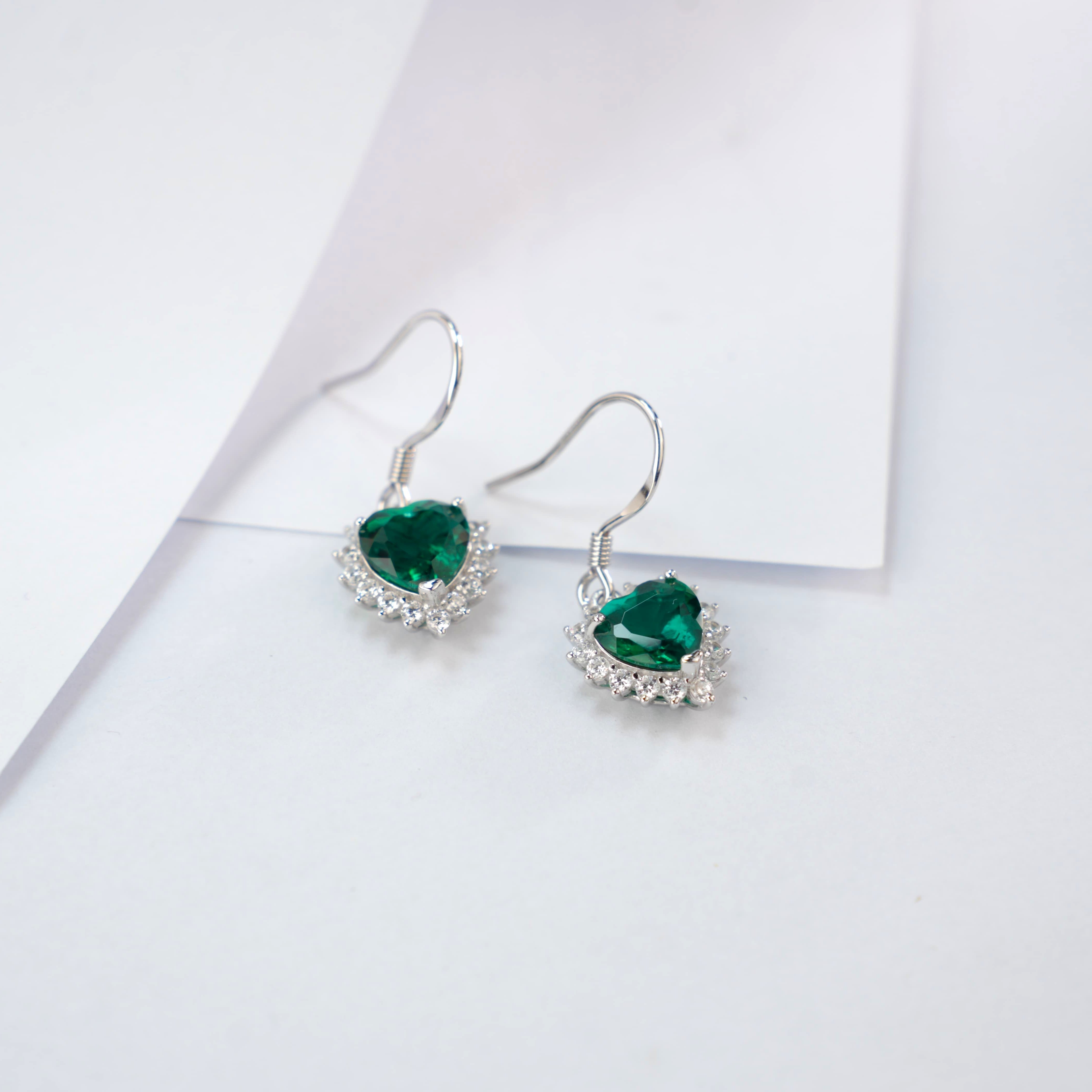Lab-Grown Emerald - Heart Emerald Diamond Starry Glow Dangle Earrings