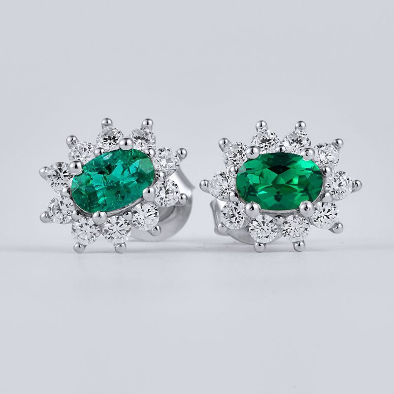 Lab-Grown Emerald - Oval Emerald Diamond Star Cluster Stud Earrings