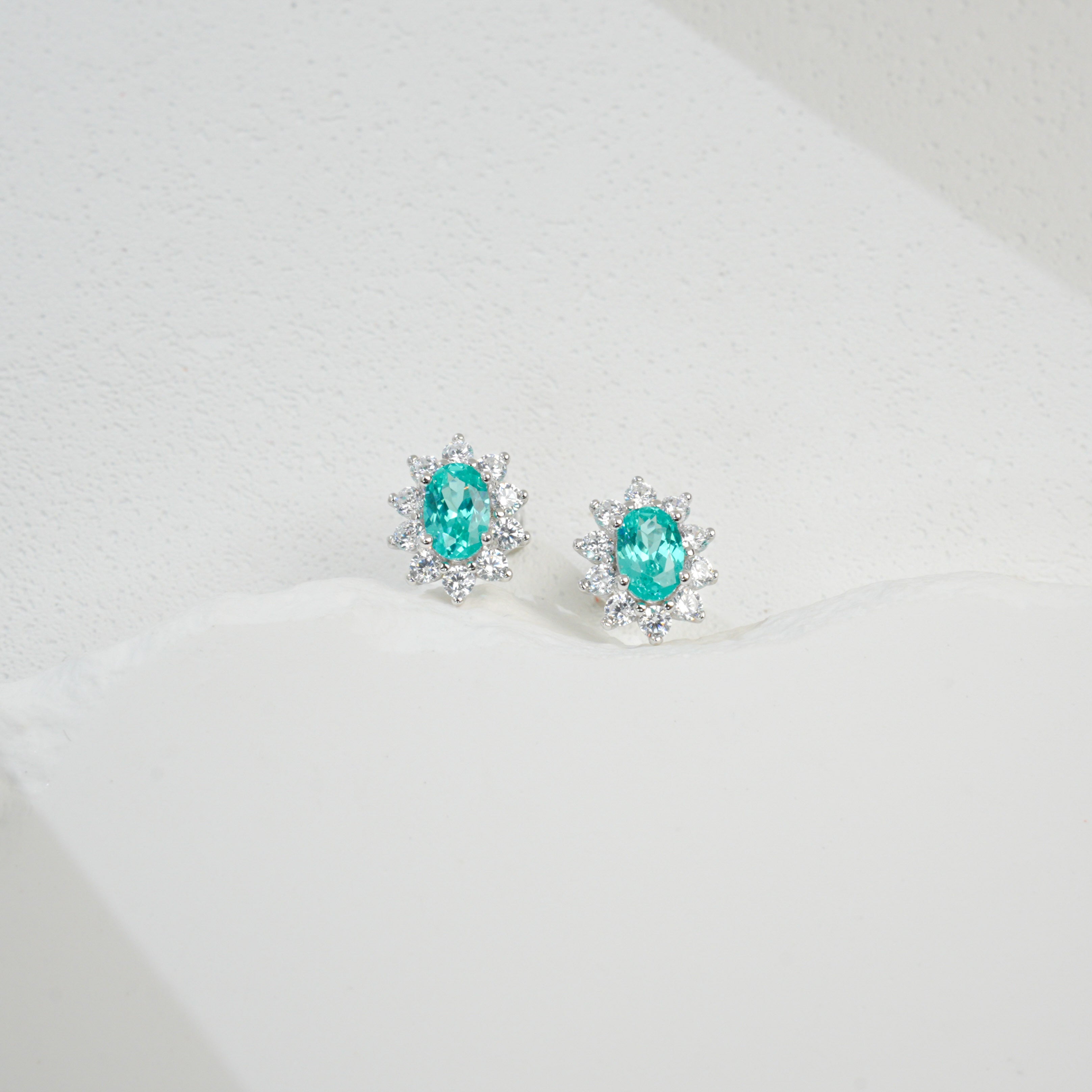 Lab-Grown Emerald - Oval Emerald Diamond Star Cluster Stud Earrings