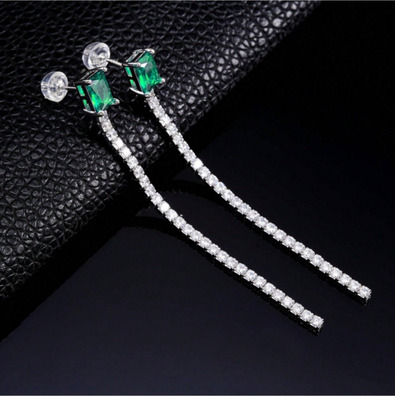 Lab-Grown Emerald - Square Emerald Diamond Gleaming Dangle Earrings