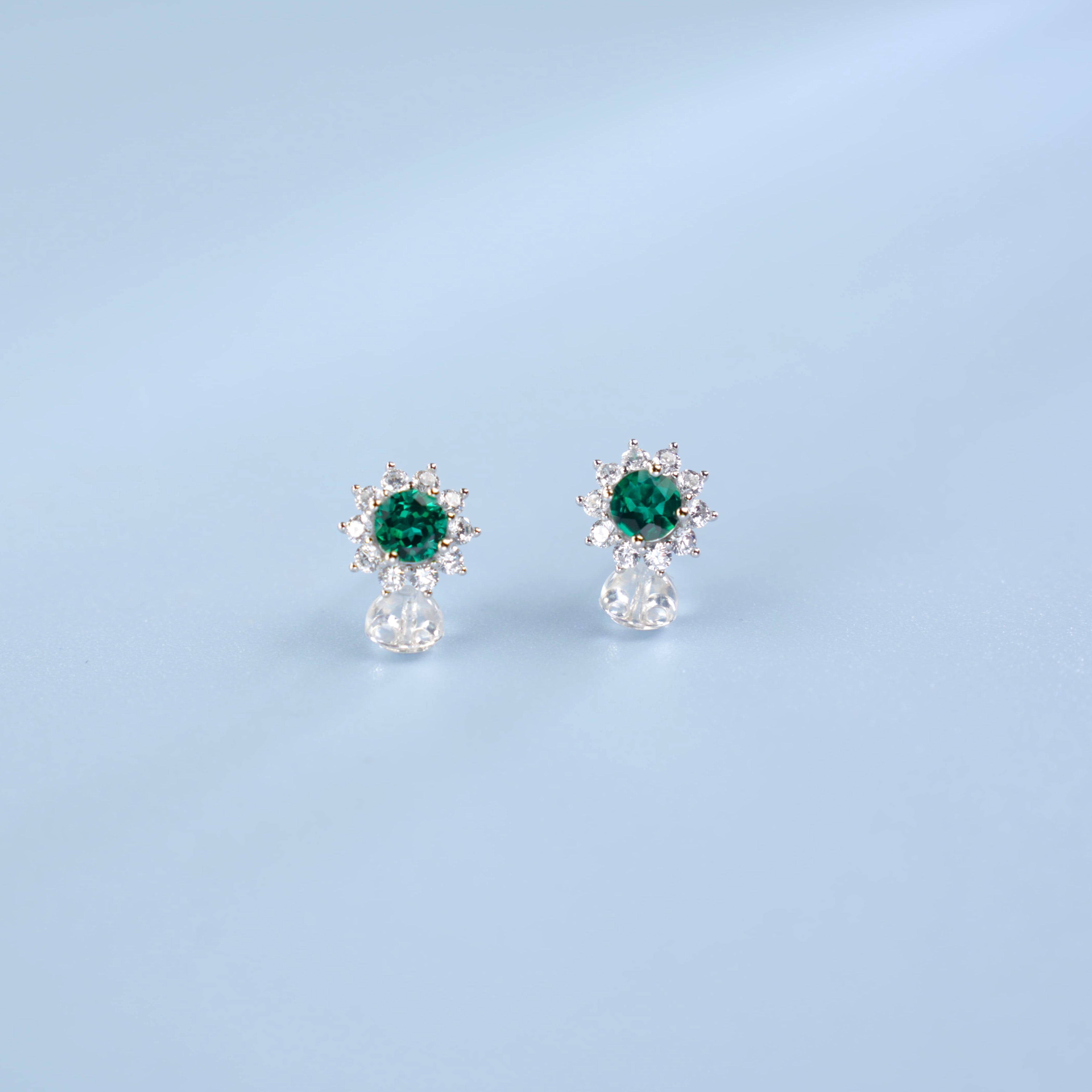 Lab-Grown Emerald - Round Emerald Diamond Starburst Stud Earrings