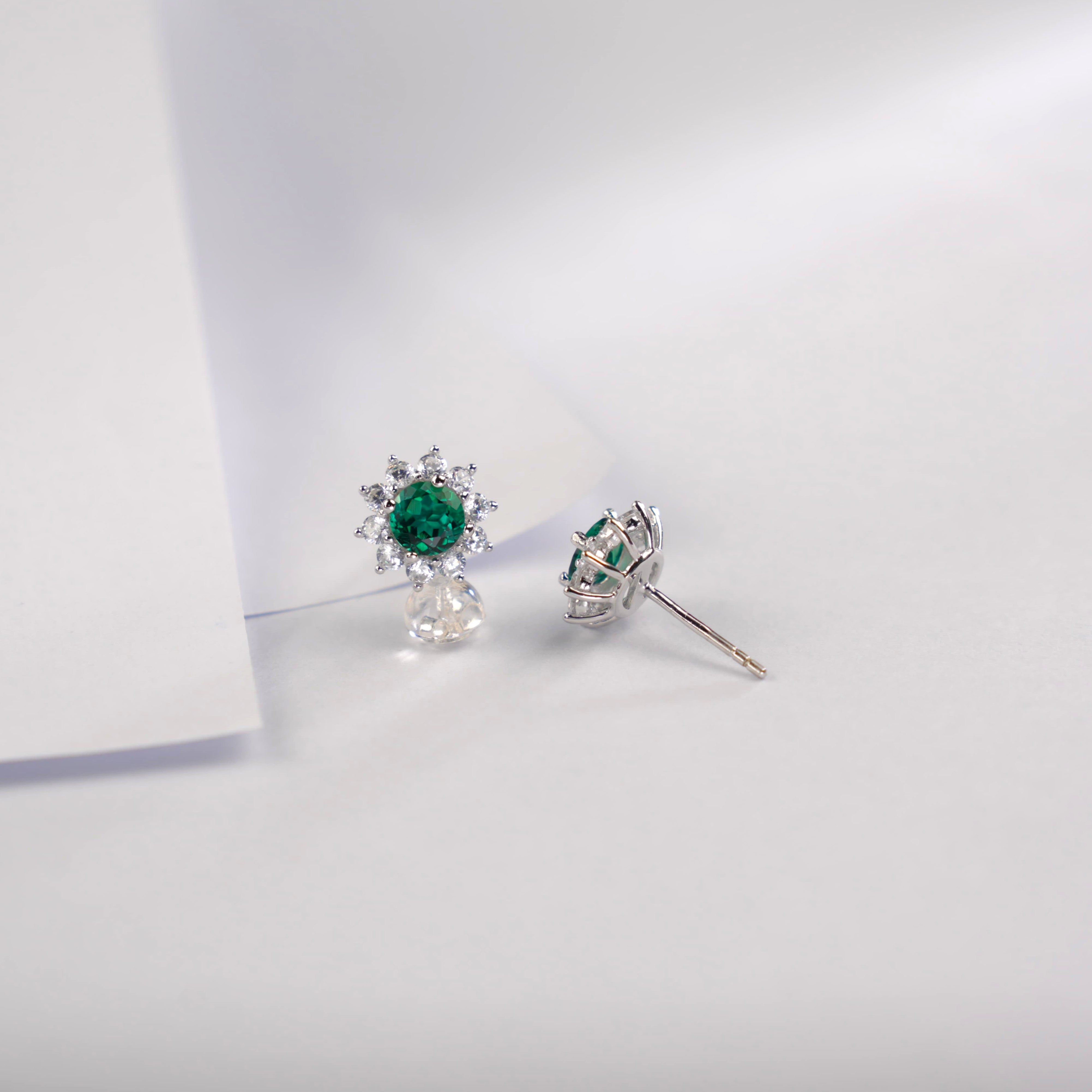 Lab-Grown Emerald - Round Emerald Diamond Starburst Stud Earrings