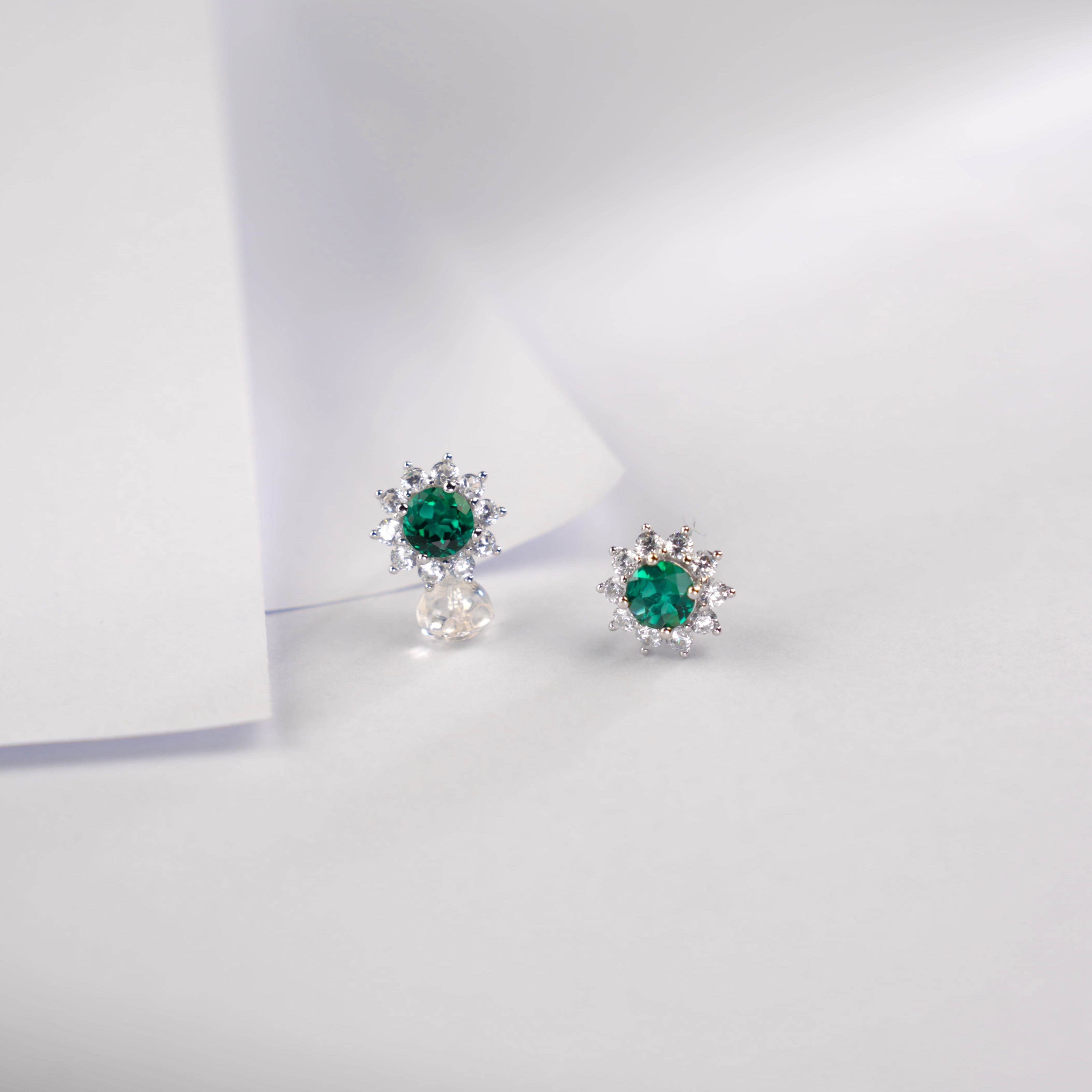 Lab-Grown Emerald - Round Emerald Diamond Starburst Stud Earrings