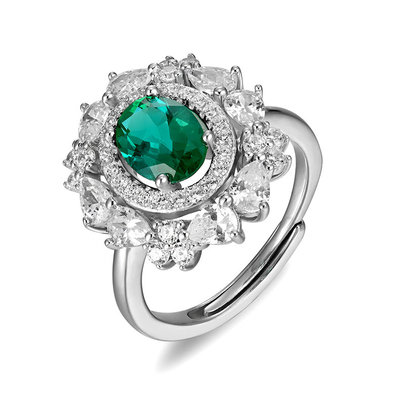 Lab-Grown Emerald - Oval Emerald Diamond Cluster Ring