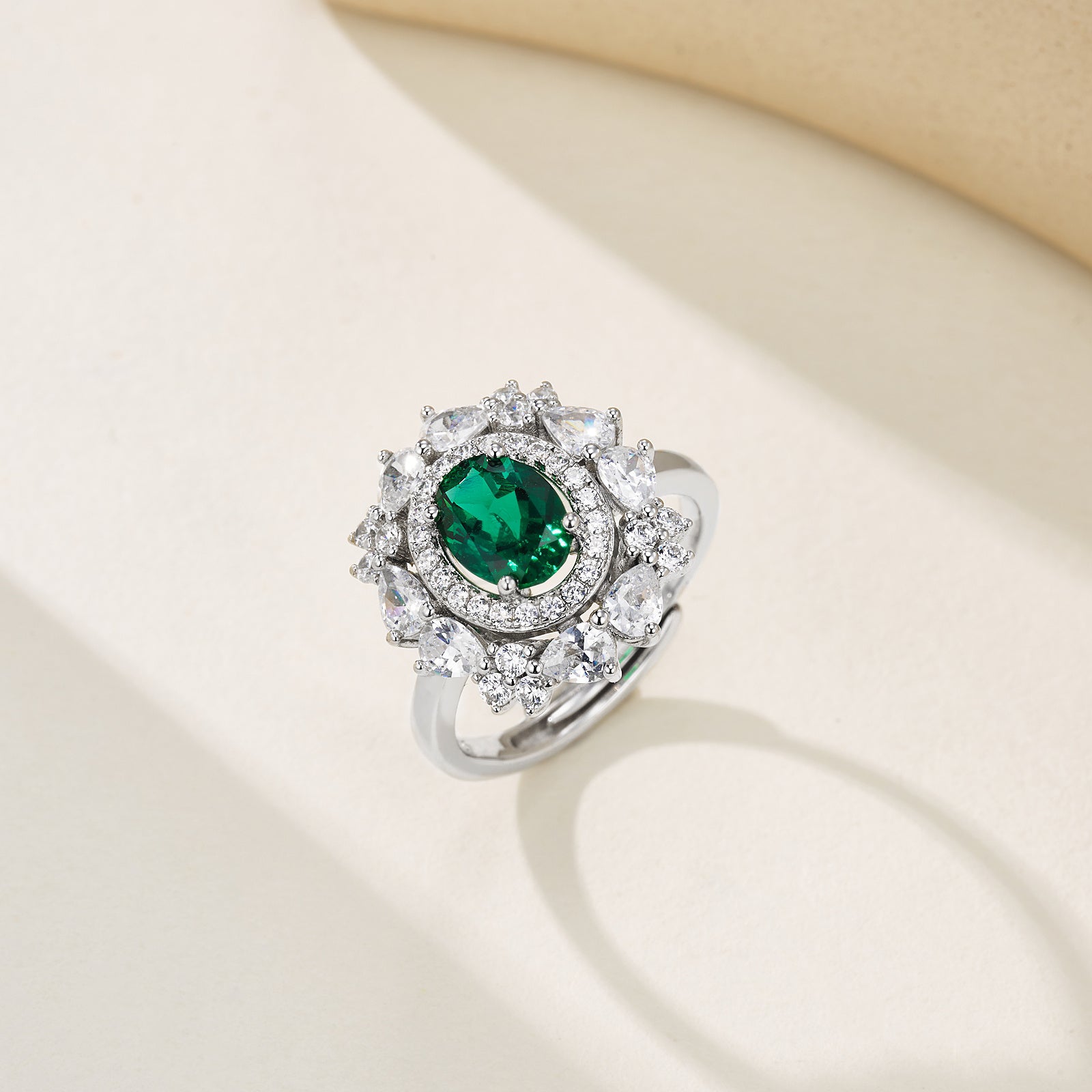Lab-Grown Emerald - Oval Emerald Diamond Cluster Ring