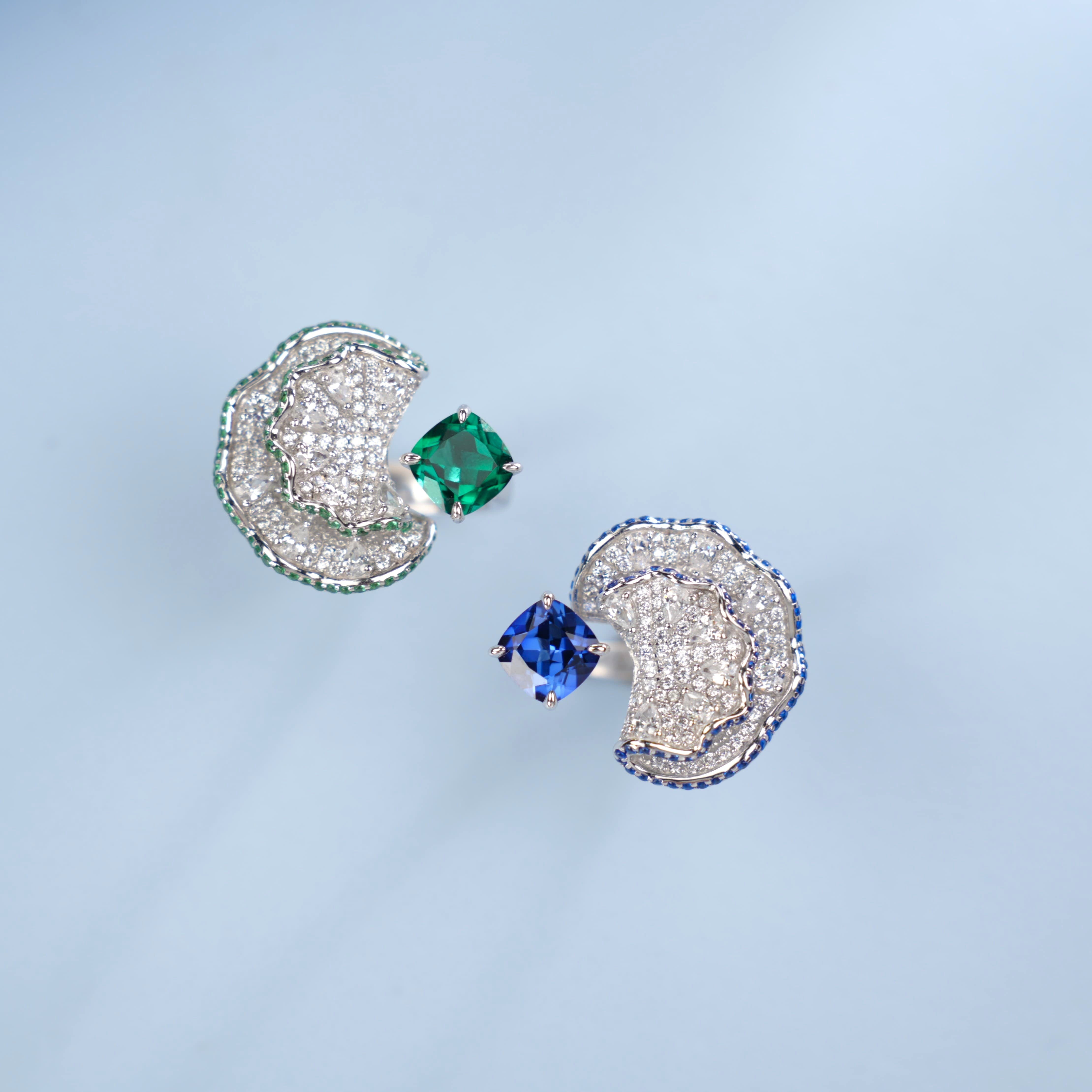 Lab-Grown Emerald - Square Emerald Diamond Wave Layered Luxury Ring