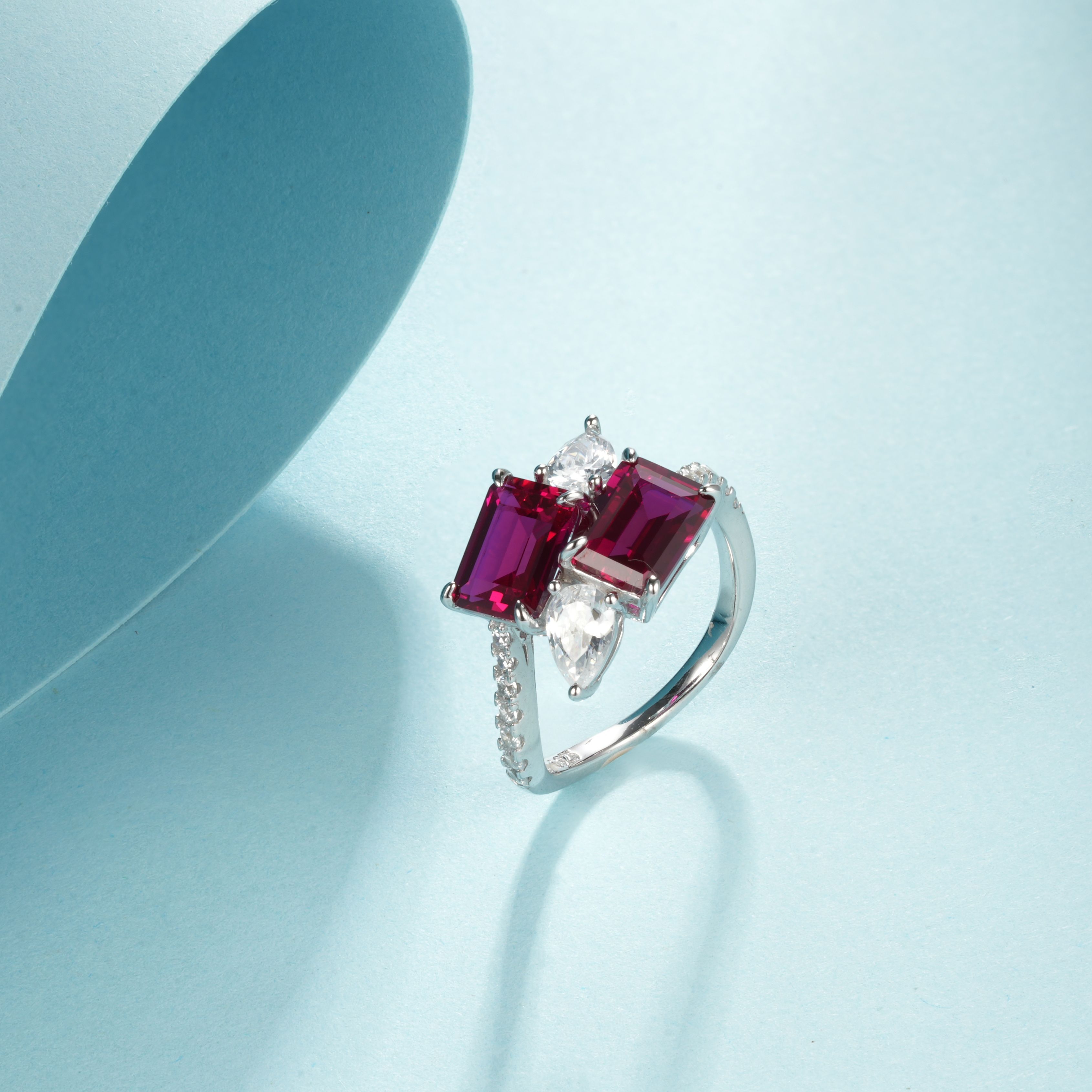 Lab-Grown Ruby - Square Ruby Diamond Layered Dynamic Ring
