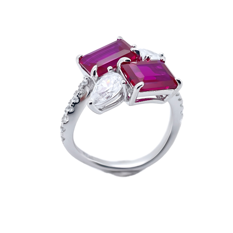 Lab-Grown Ruby - Square Ruby Diamond Layered Dynamic Ring