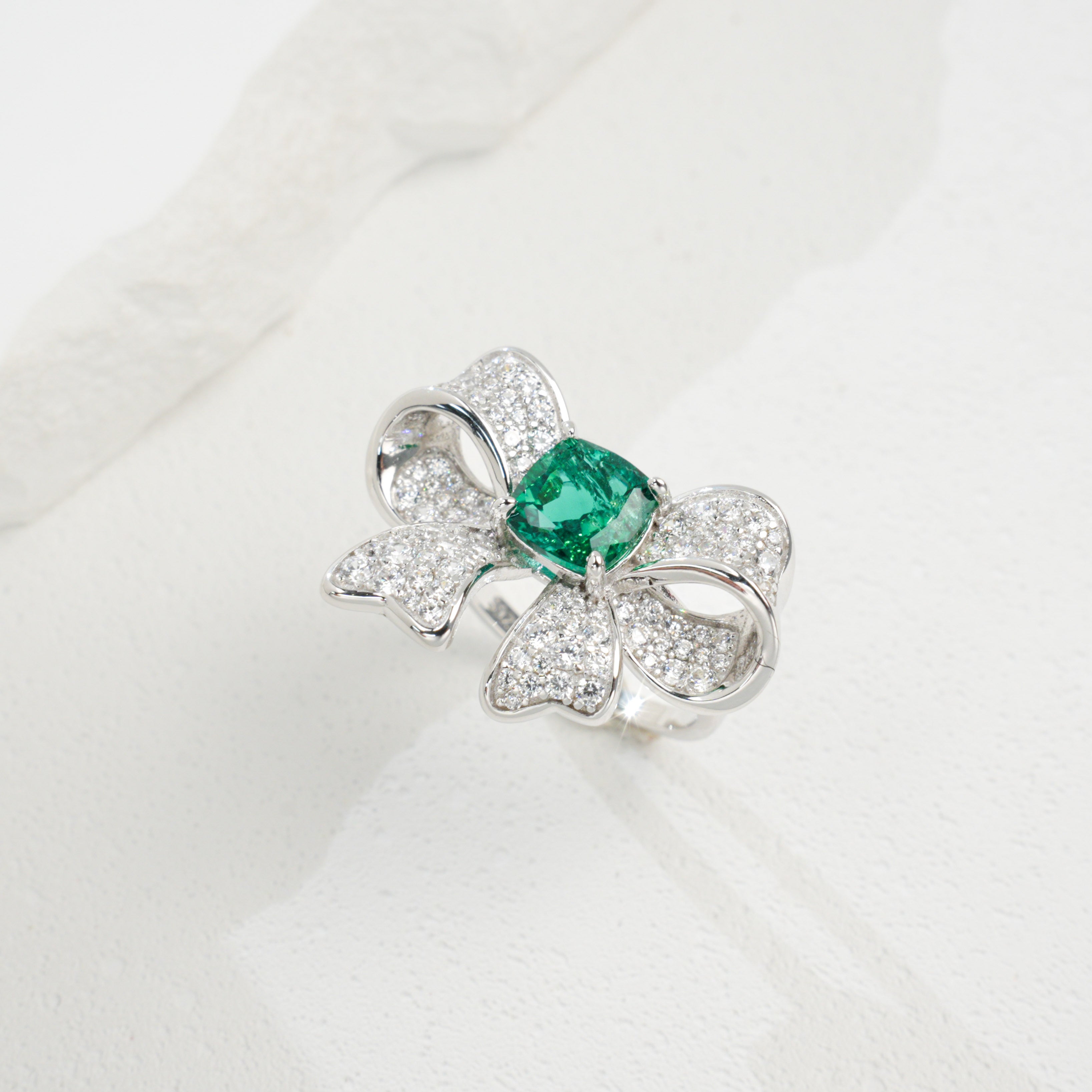 Lab-Grown Emerald - Square Emerald Diamond Knot Butterfly Charm Ring