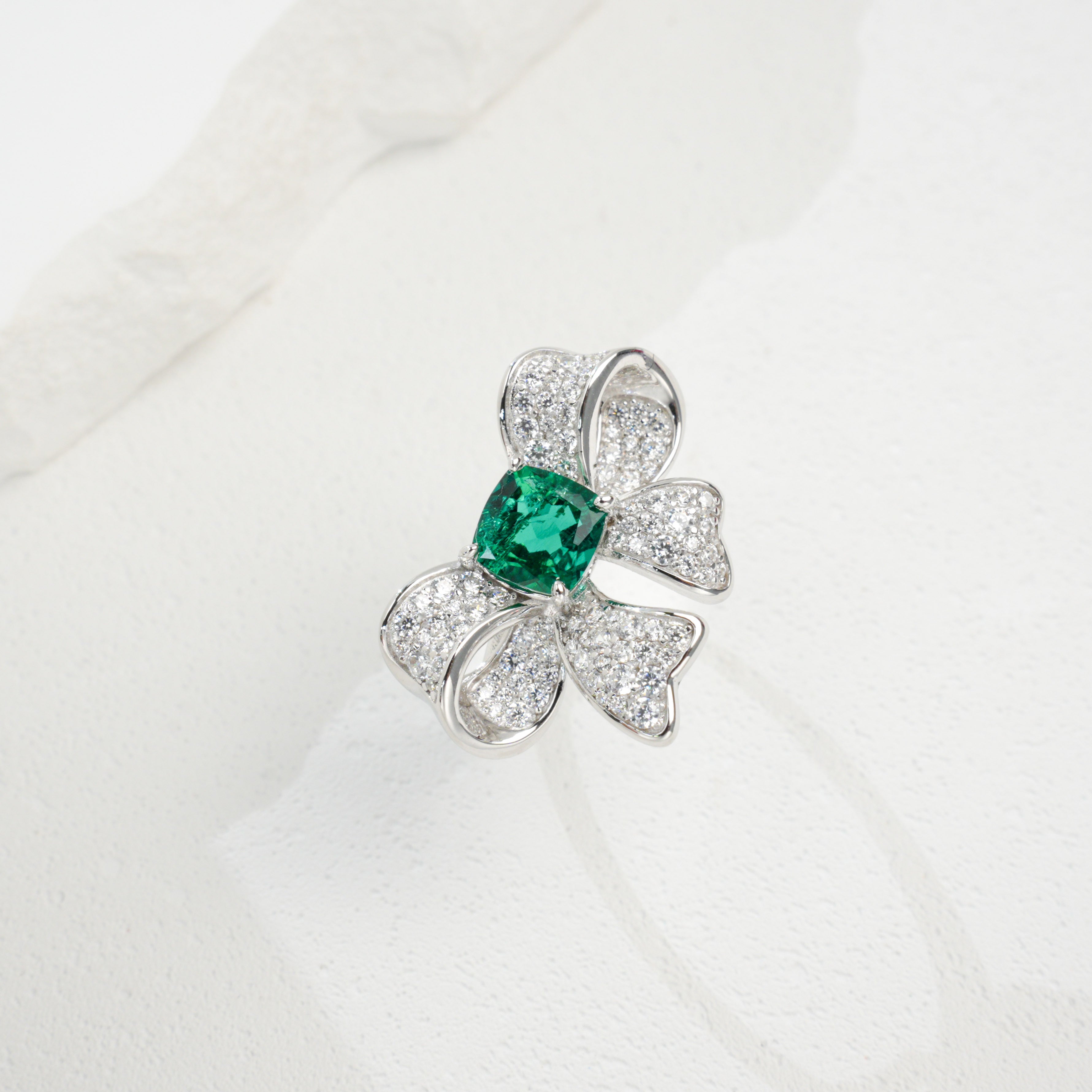 Lab-Grown Emerald - Square Emerald Diamond Knot Butterfly Charm Ring