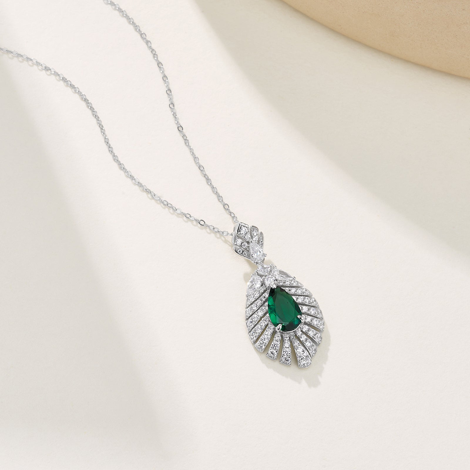 Lab-Grown Emerald - Dewy Emerald Diamond Feather Fan Pendant