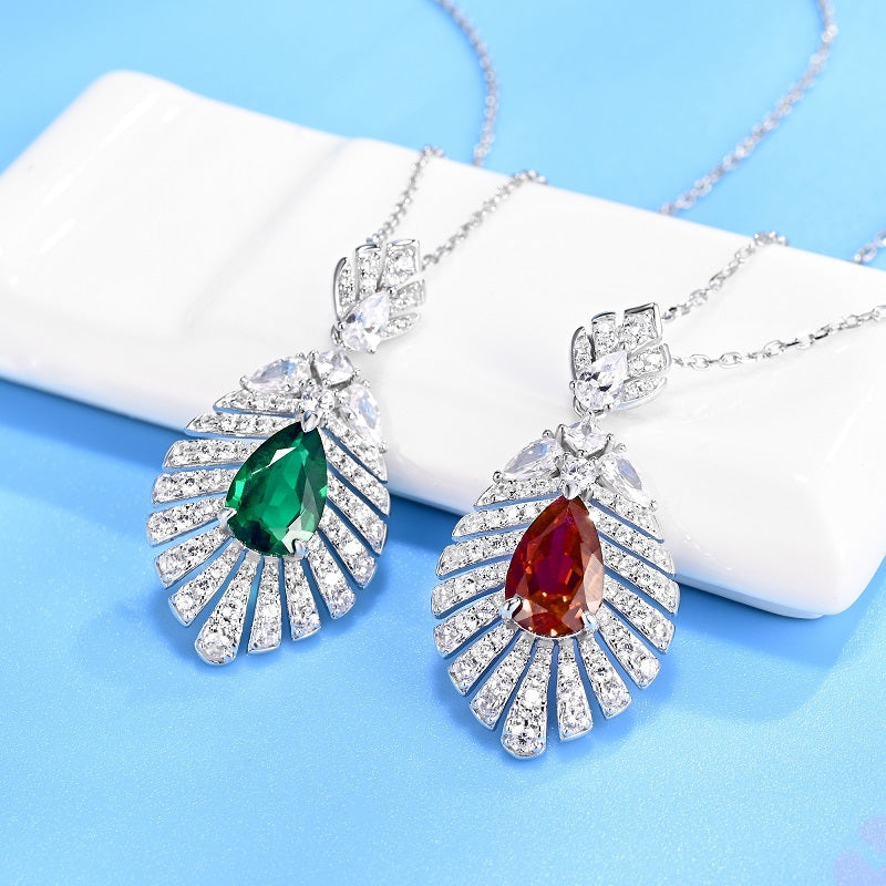 Lab-Grown Emerald - Dewy Emerald Diamond Feather Fan Pendant