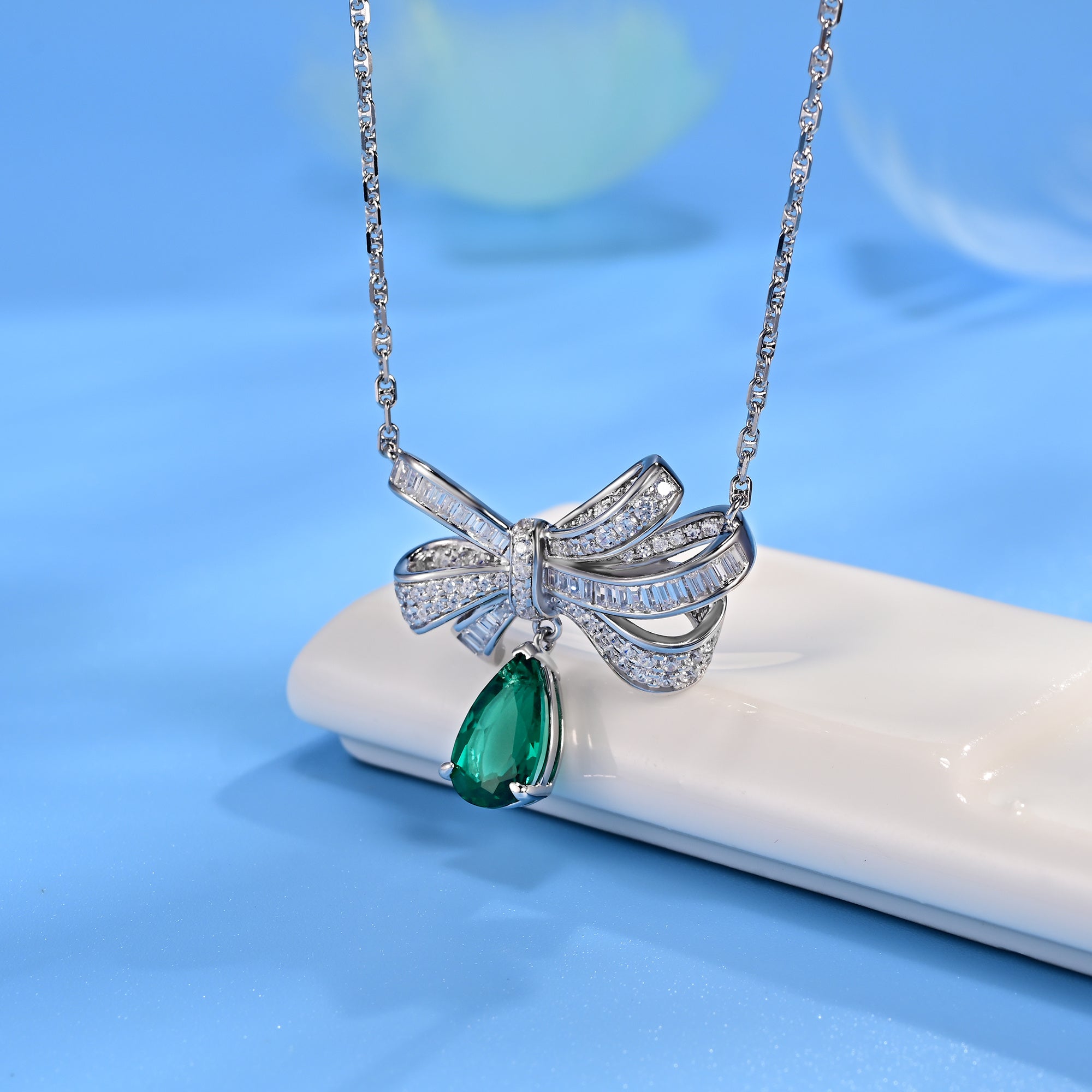 Lab-Grown Emerald - Dewy Emerald Diamond Knot Drop Necklace
