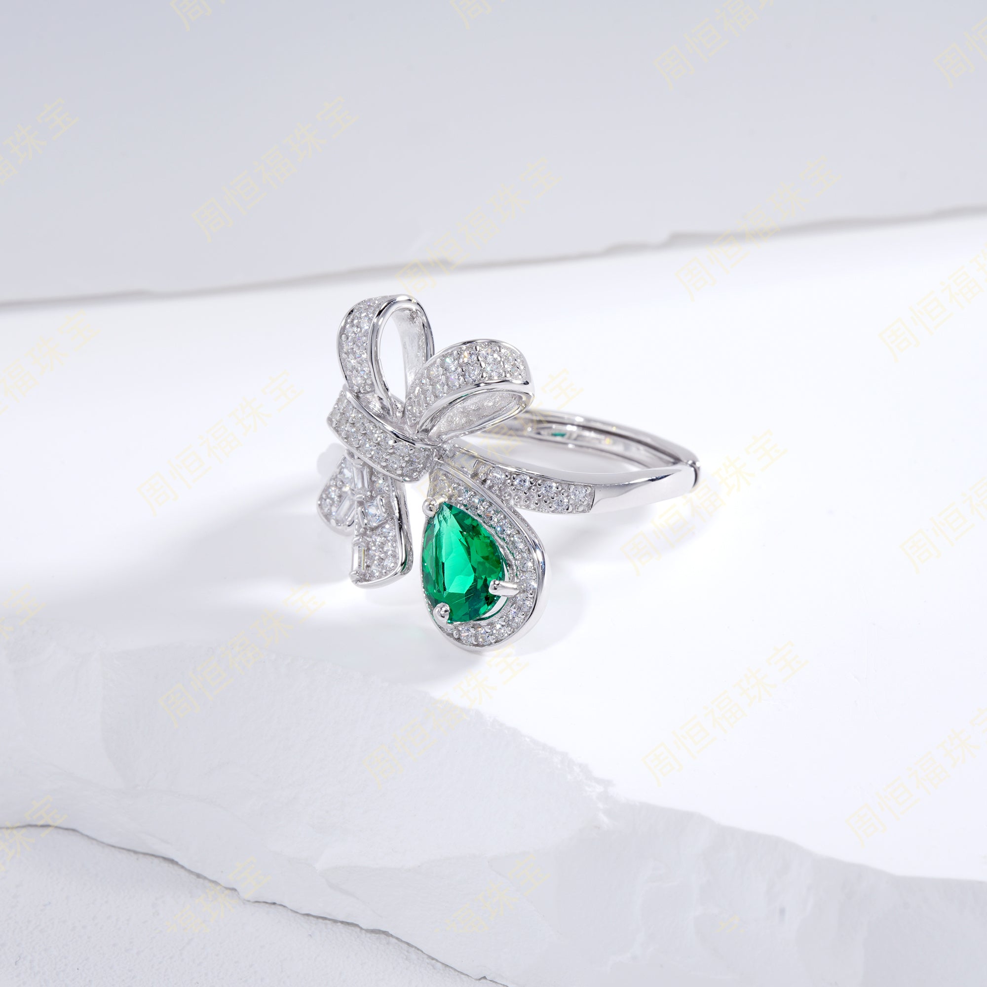 Butterfly Whispers | Teardrop Lab-Created Emerald Bow Ring