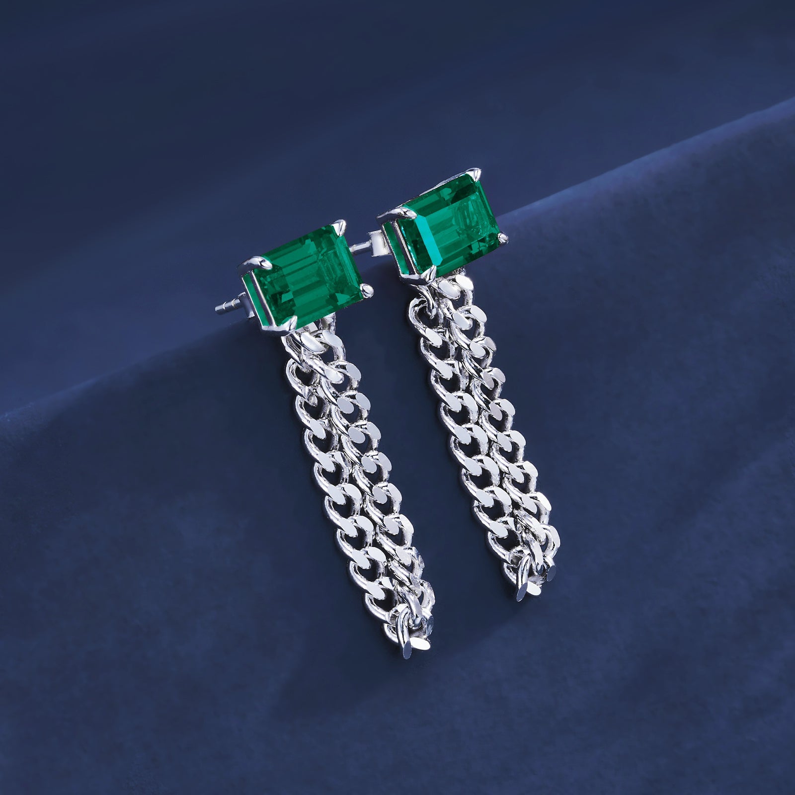 Chained Radiance | Industrial-Chain Square Emerald Earrings