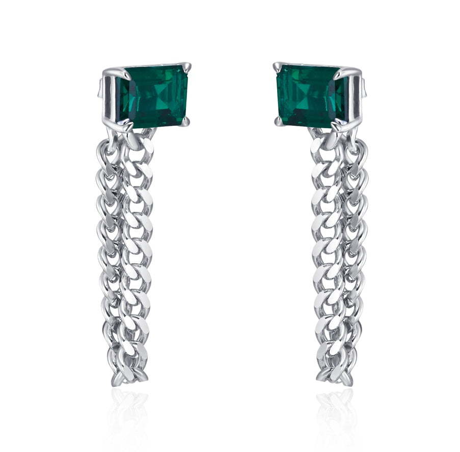 Chained Radiance | Industrial-Chain Square Emerald Earrings