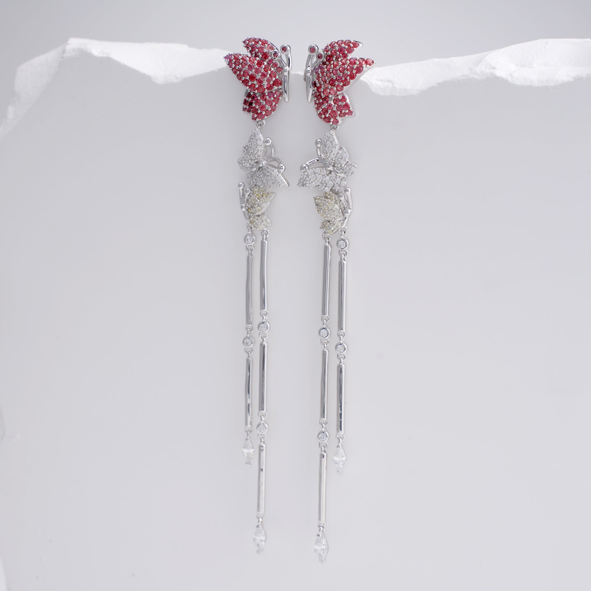 Fluttering Flame | Ruby Butterfly Wing Fringe Earrings