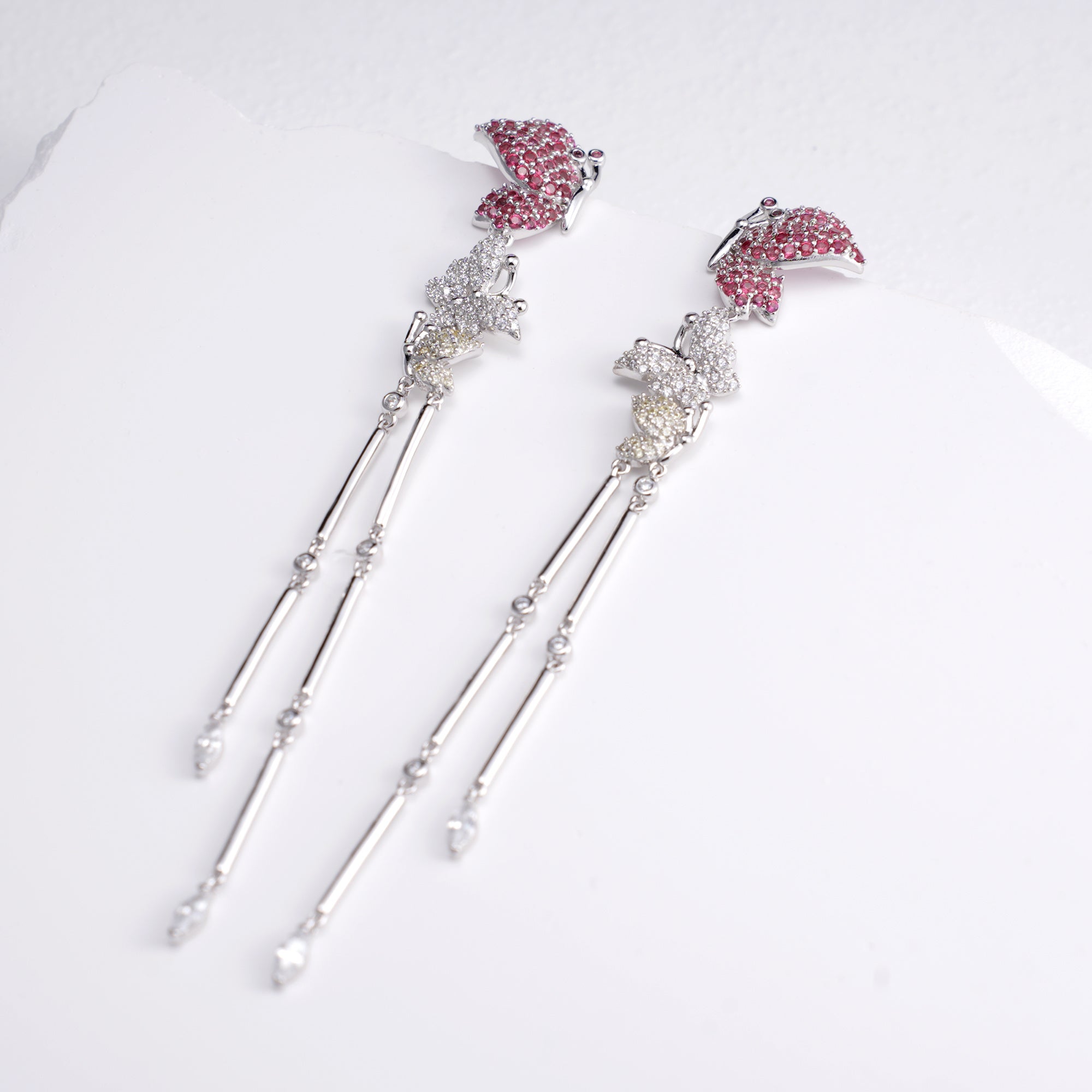 Fluttering Flame | Ruby Butterfly Wing Fringe Earrings