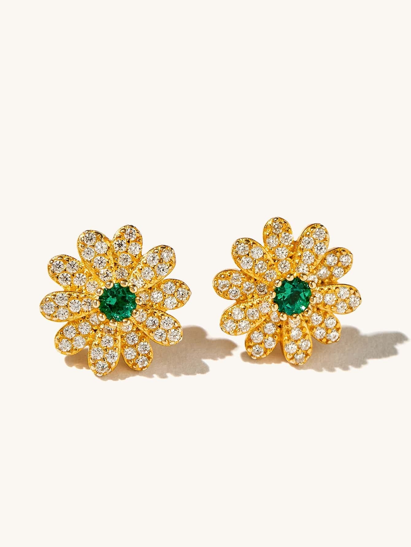 Morning Dew Among Flowers | Diamond Petals Emerald Center Earrings