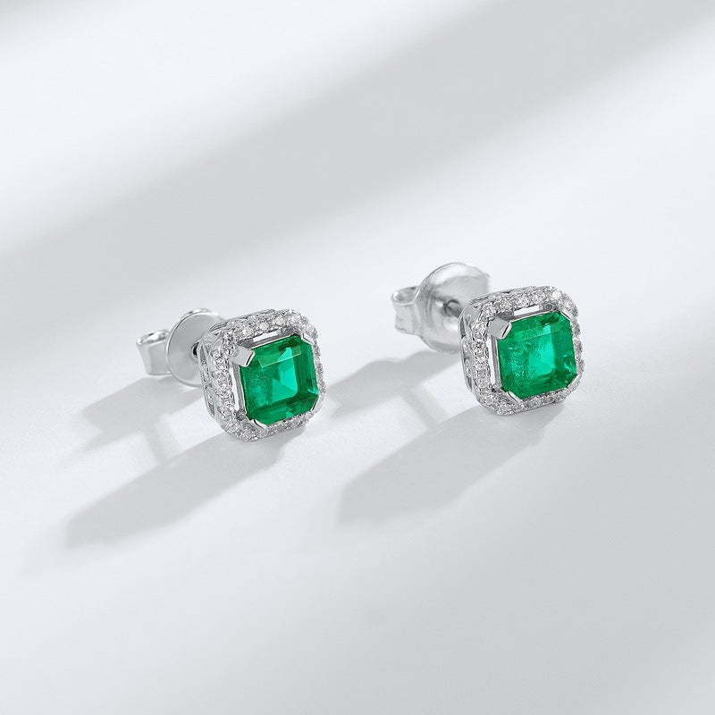 Confined Starlight | Diamond Halo Square Lab-Created Emerald Earrings
