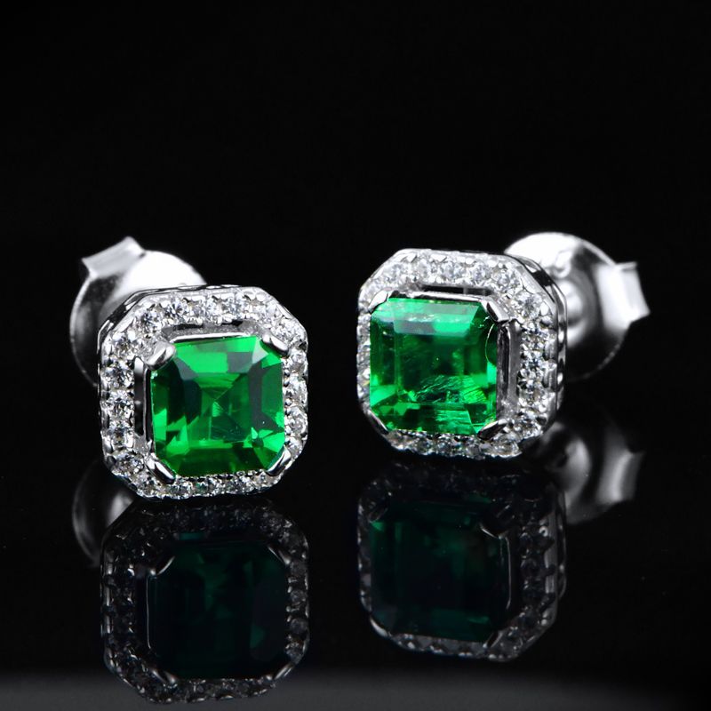 Confined Starlight | Diamond Halo Square Lab-Created Emerald Earrings