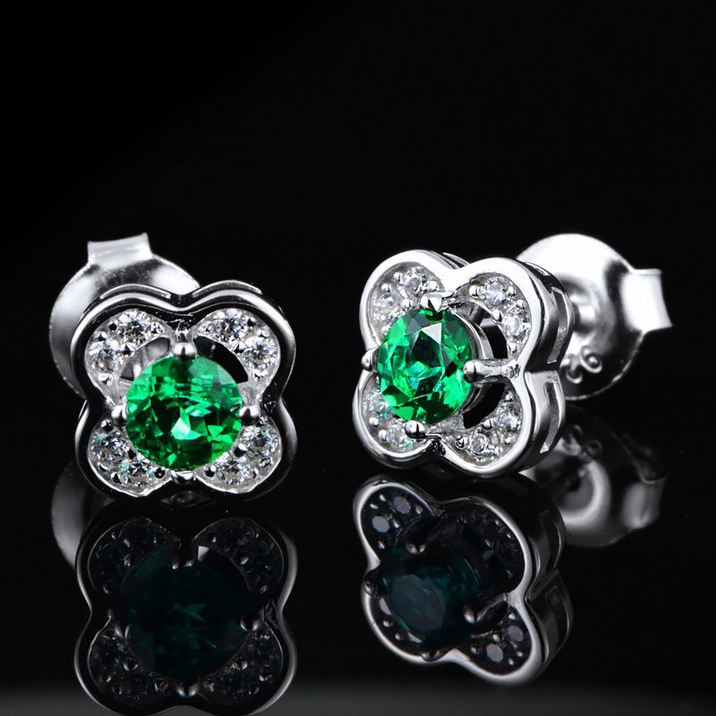 Lucky Four-Leaf | Diamond Cluster Round Lab-Created Emerald Ear Studs